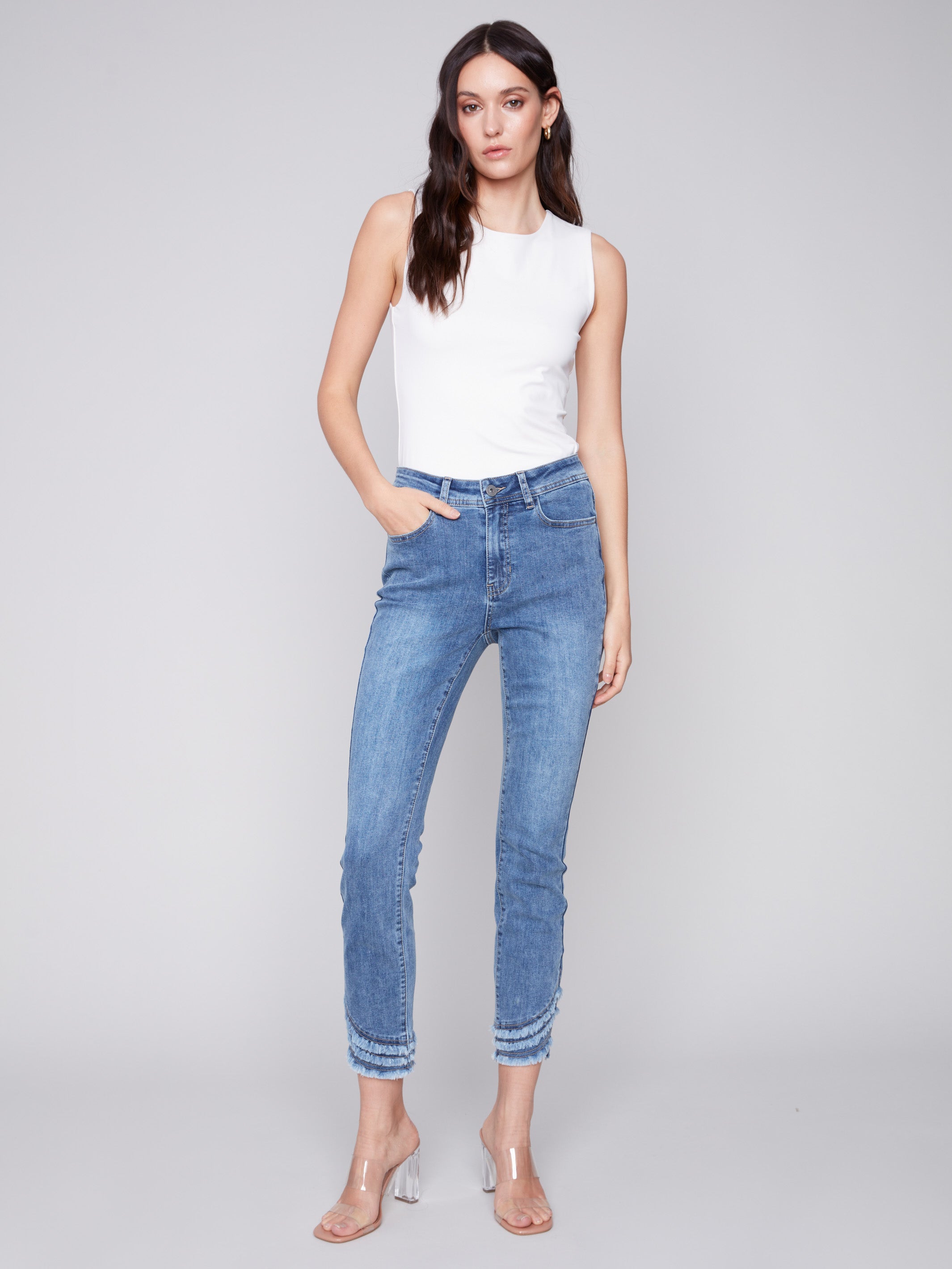 High Rise Skinny Frayed Hem Denim Jeans
