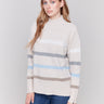 Beige striped sweater with a mock neck and zipper details on the sleeves by Charlie B.