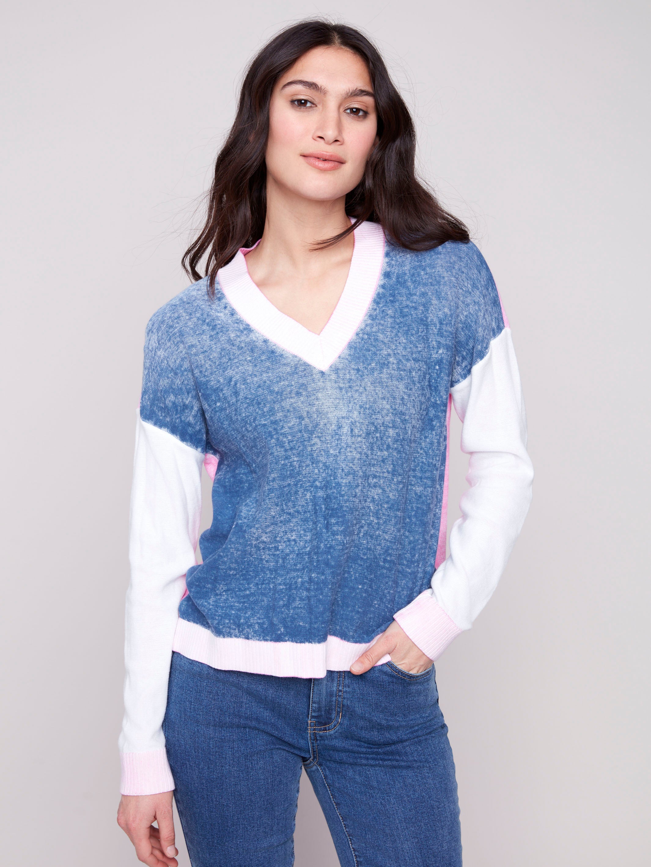 V-neck sweater with ribbed hem in denim, featuring color-block style by Charlie B.