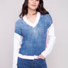 V-neck sweater with ribbed hem in denim, featuring color-block style by Charlie B.