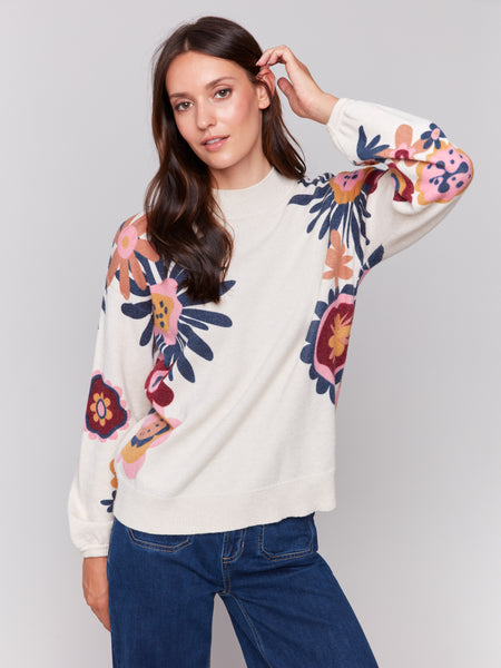 Charlie B Floral Mock Nek Sweater C2689 Beige S