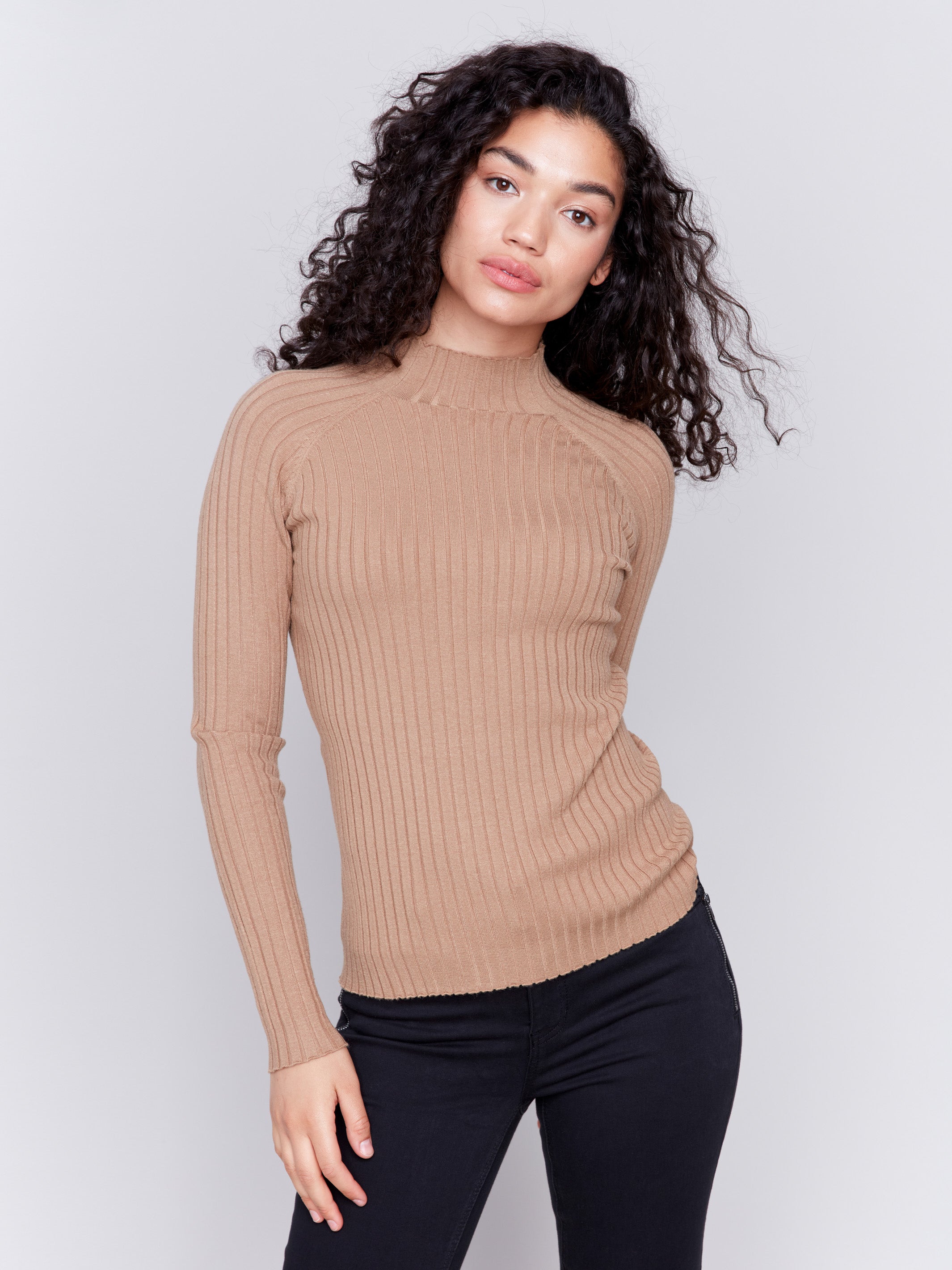 Truffle ribbed knit sweater with a mock neck and long sleeves by Charlie B.