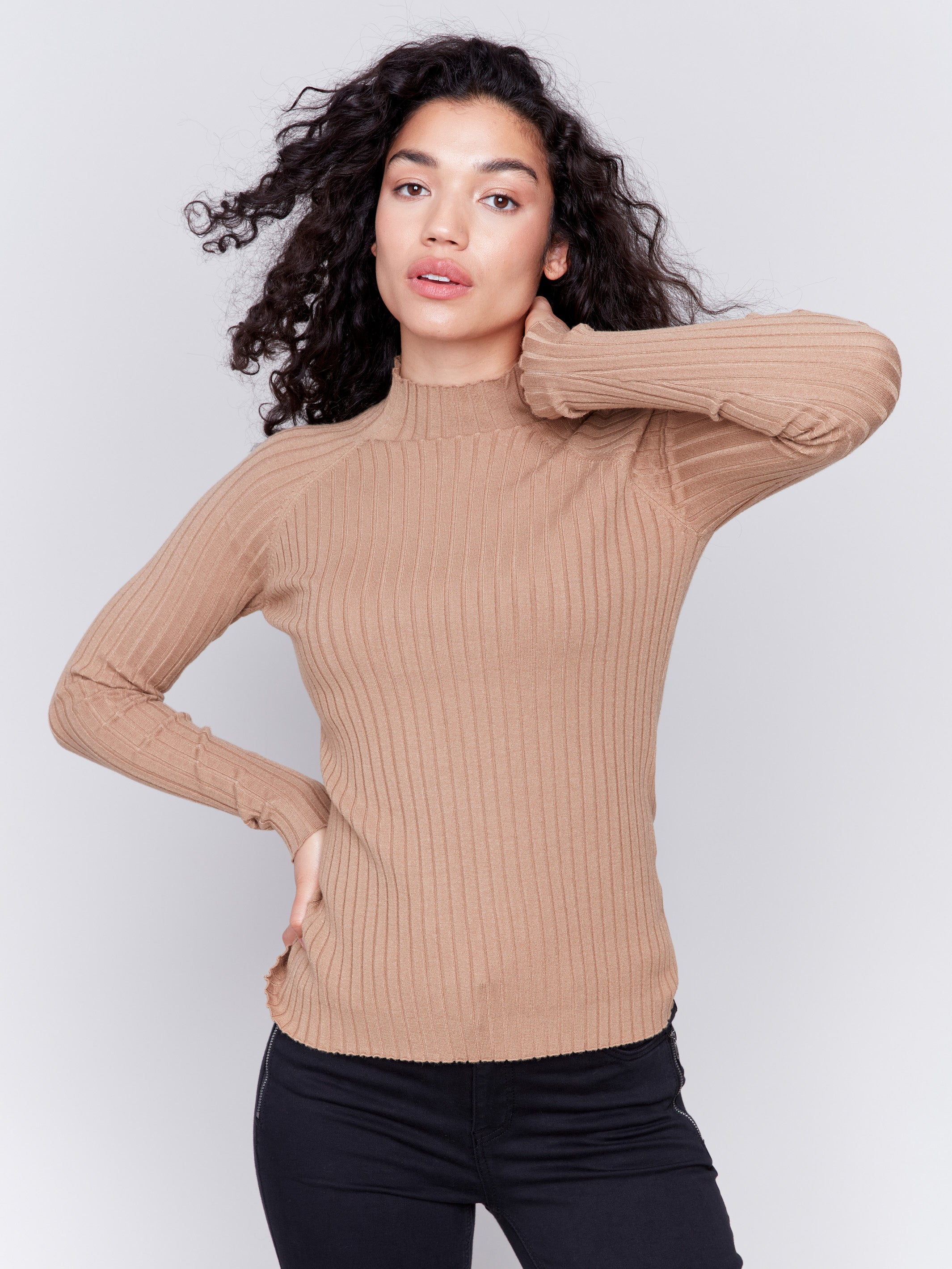 Truffle ribbed knit sweater with a mock neck and long sleeves by Charlie B.