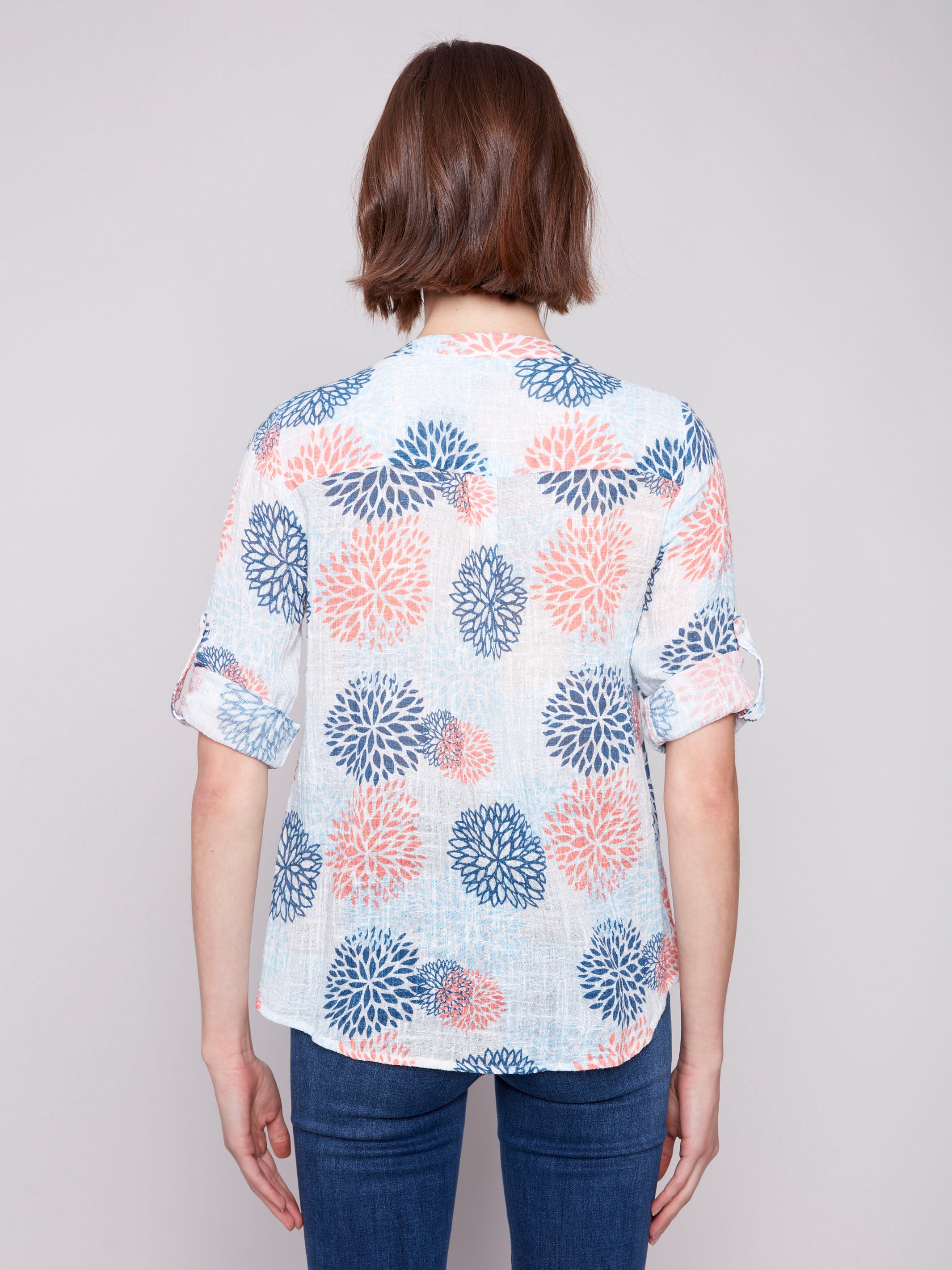 Stylish jasmine cotton gauze blouse with a unique floral design by Charlie B.