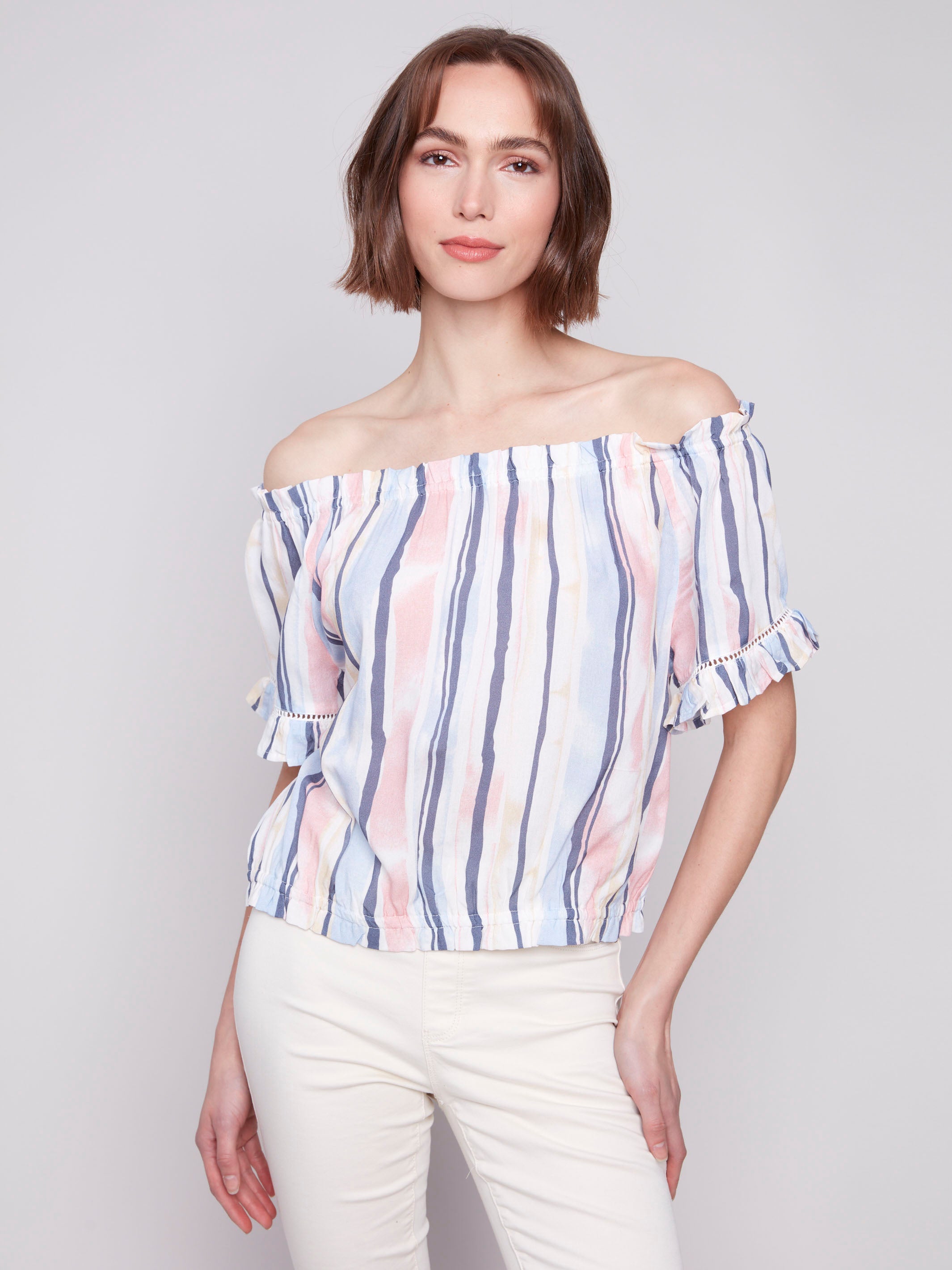 Blouse with elasticated neckline and vibrant stripes by Charlie B.