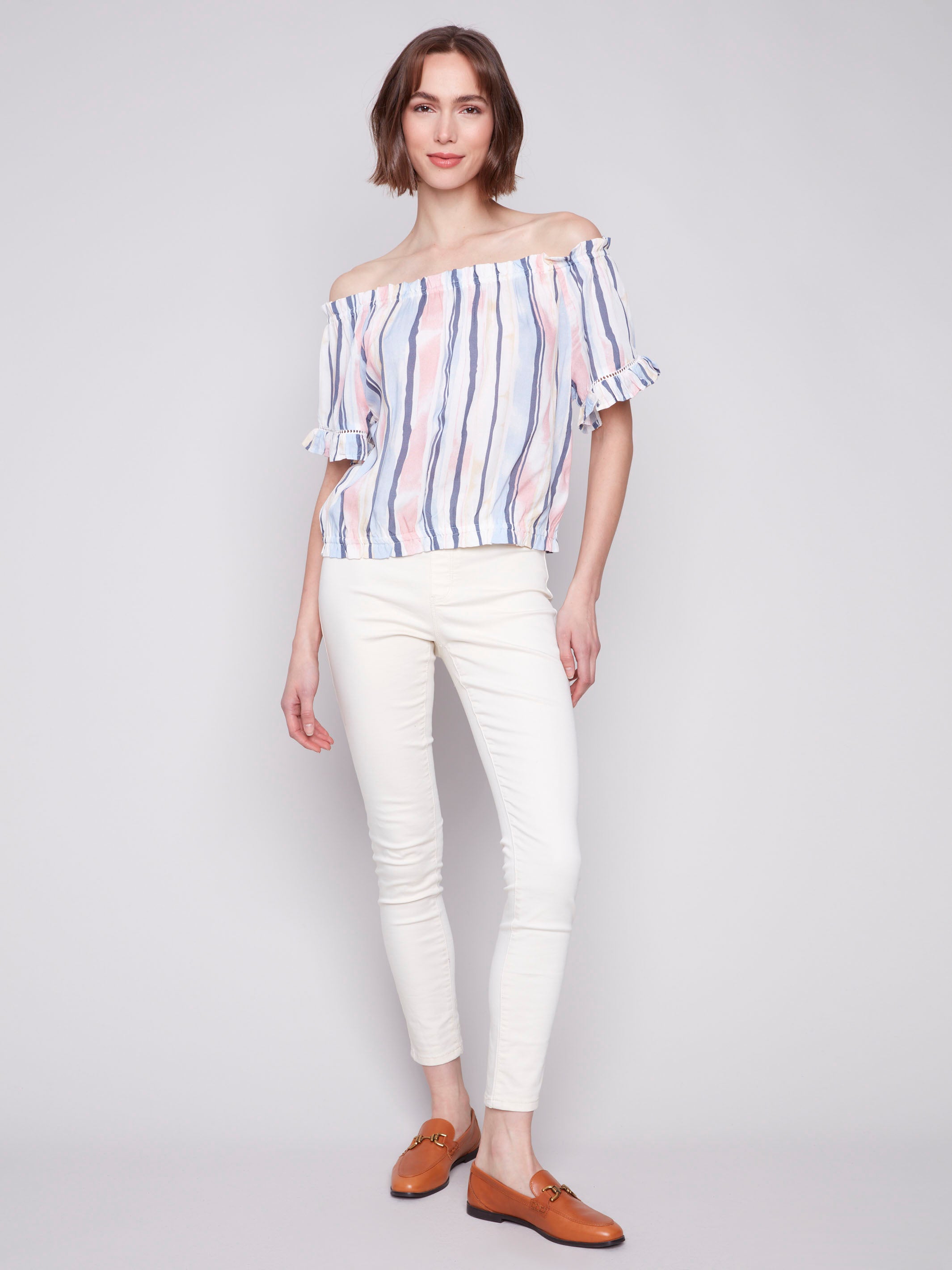 Colorful ruffled short sleeve blouse by Charlie B.