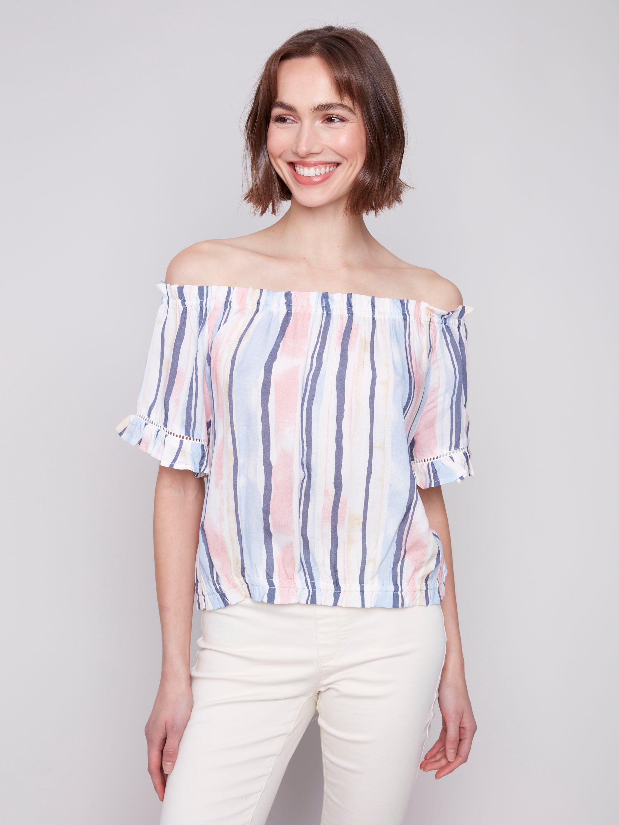 Vibrant off-the-shoulder striped blouse design by Charlie B.