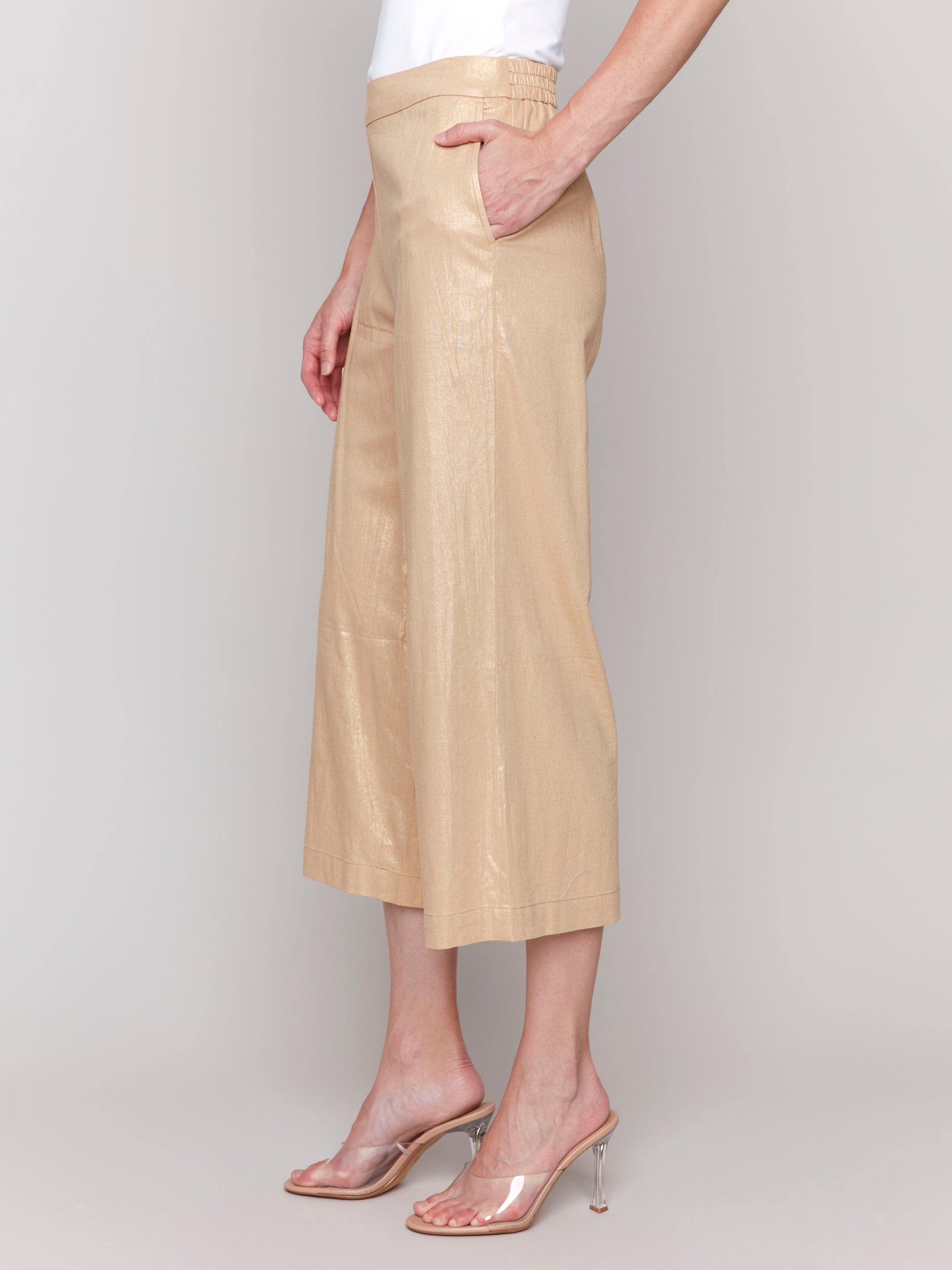 Foil Linen Blend Cropped Pull-On Pants - Gold