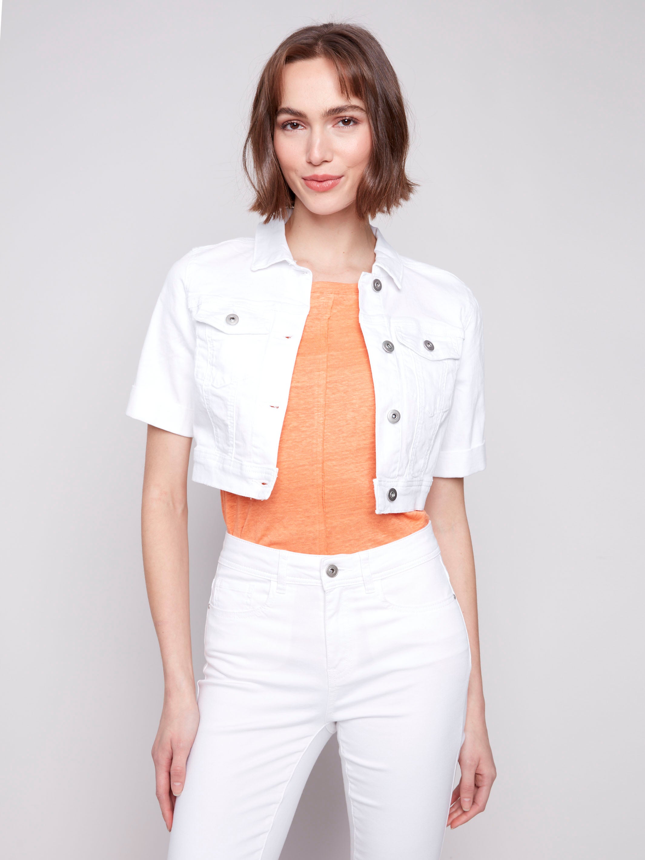 Stylish cropped length denim jacket by Charlie B.