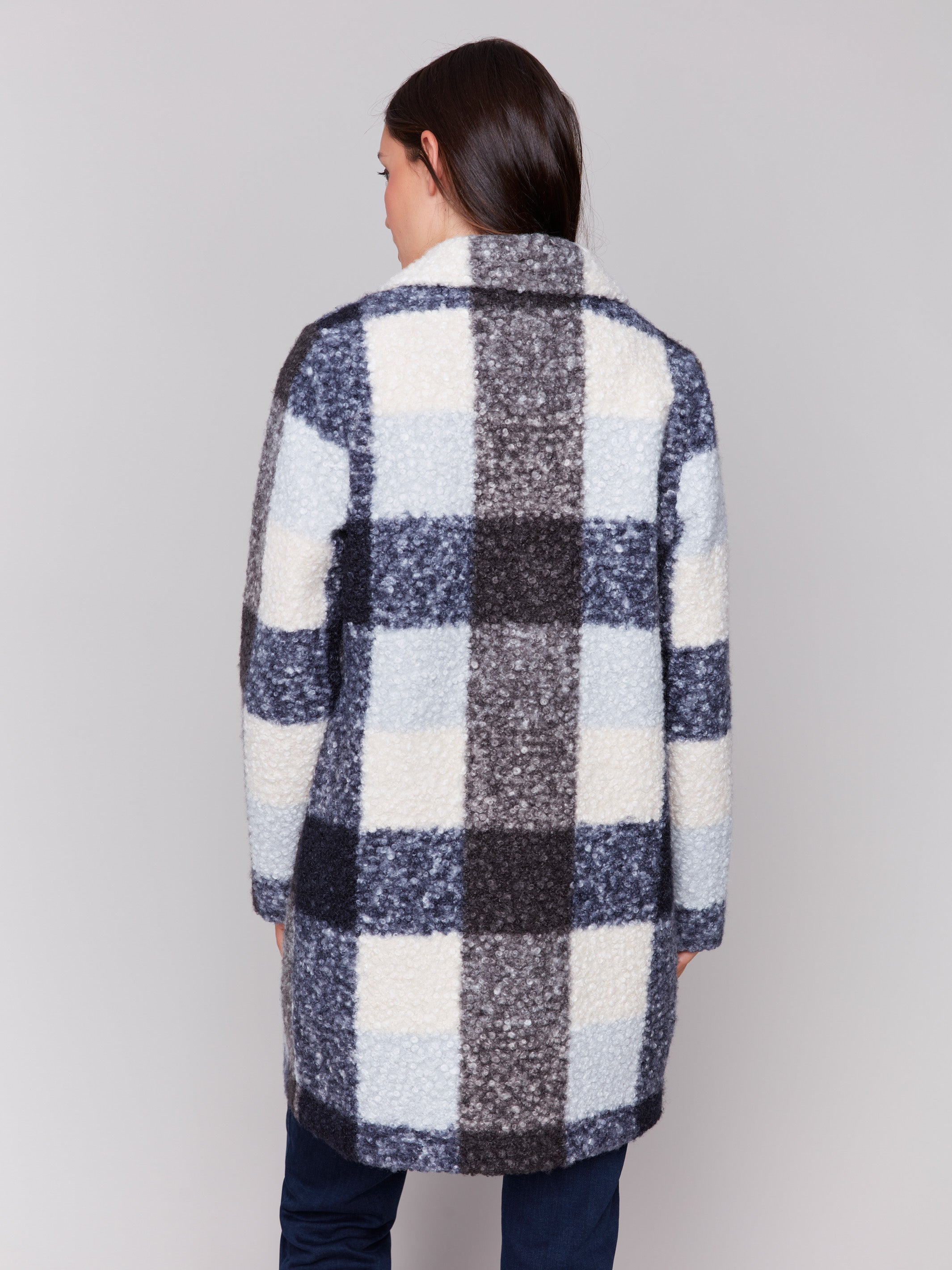 Plaid Boucle Knit Coat Navy