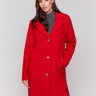 Cranberry long wool coat with lapel notch collar and button closures, featuring front welt pockets by Charlie B.