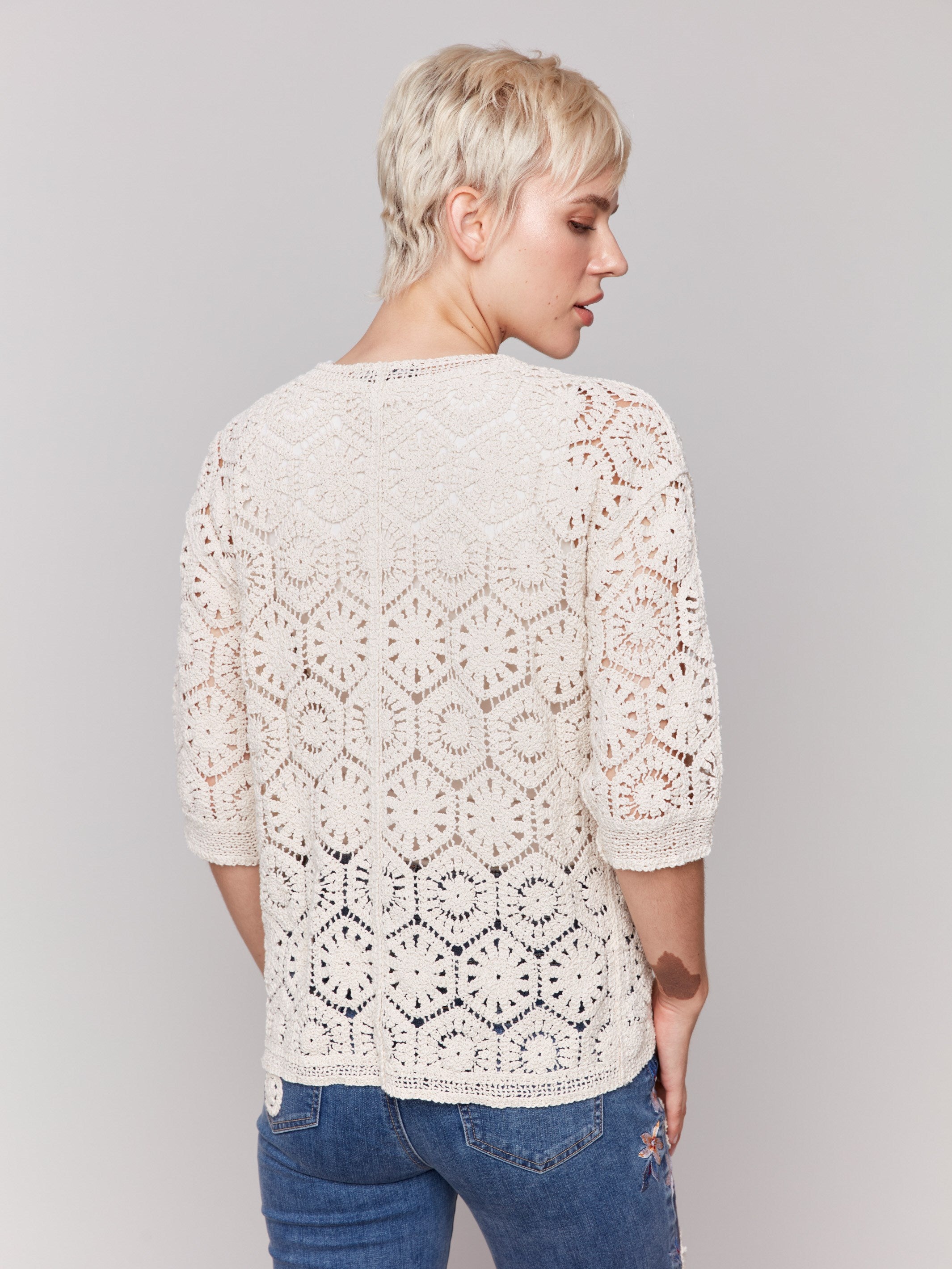 3/4 sleeve crochet cardigan with intricate design by Charlie B.