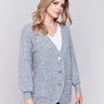 Heather grey boucle knit cardigan with front button closure and ribbed cuffs by Charlie B.