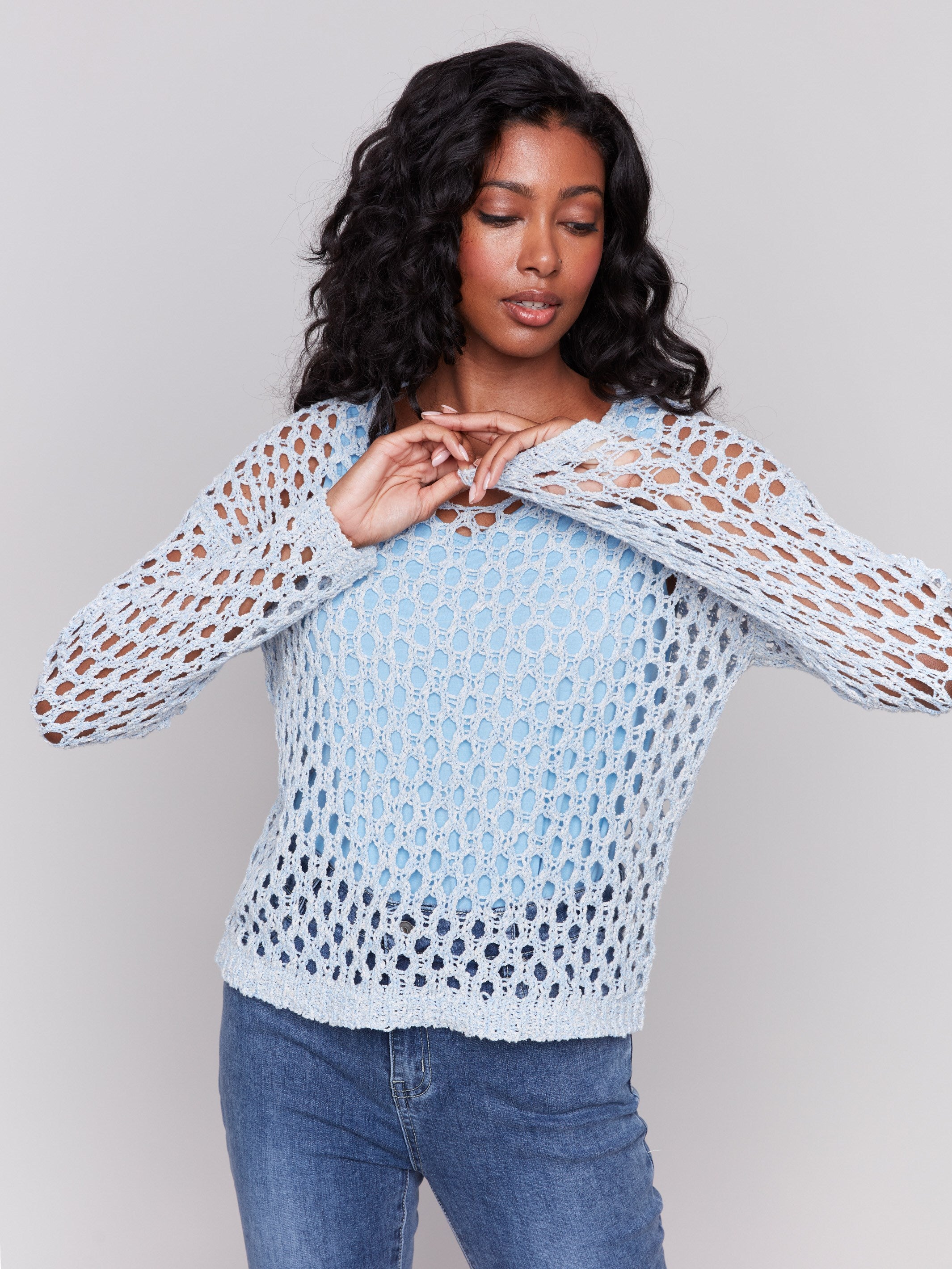 Long-sleeved fishnet sweater in a stylish denim shade by Charlie B.