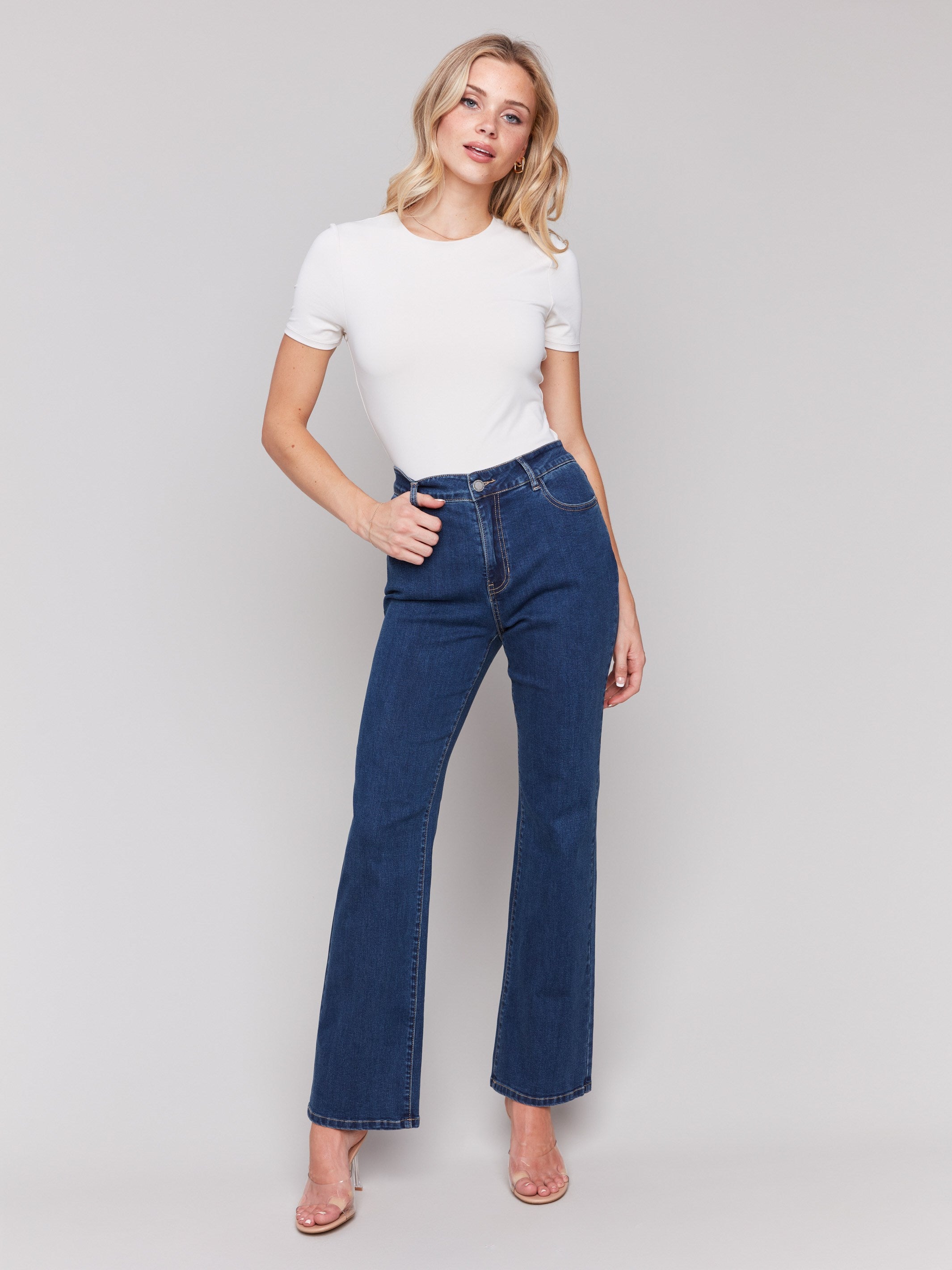 Indigo Celine flare leg jeans with a classic five-pocket design by Charlie B.