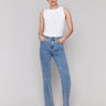 Light blue straight-leg jeans with classic five-pocket design and elastic waistband by Charlie B.