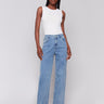 Light blue wide-leg jeans with five-pocket design featuring a button closure and relaxed fit by Charlie B.