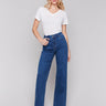 Indigo wide-leg jeans with five-pocket design featuring a button closure and relaxed fit by Charlie B.