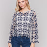 Blue and white crochet top with 3/4 sleeves, ideal for a casual day by Charlie B.