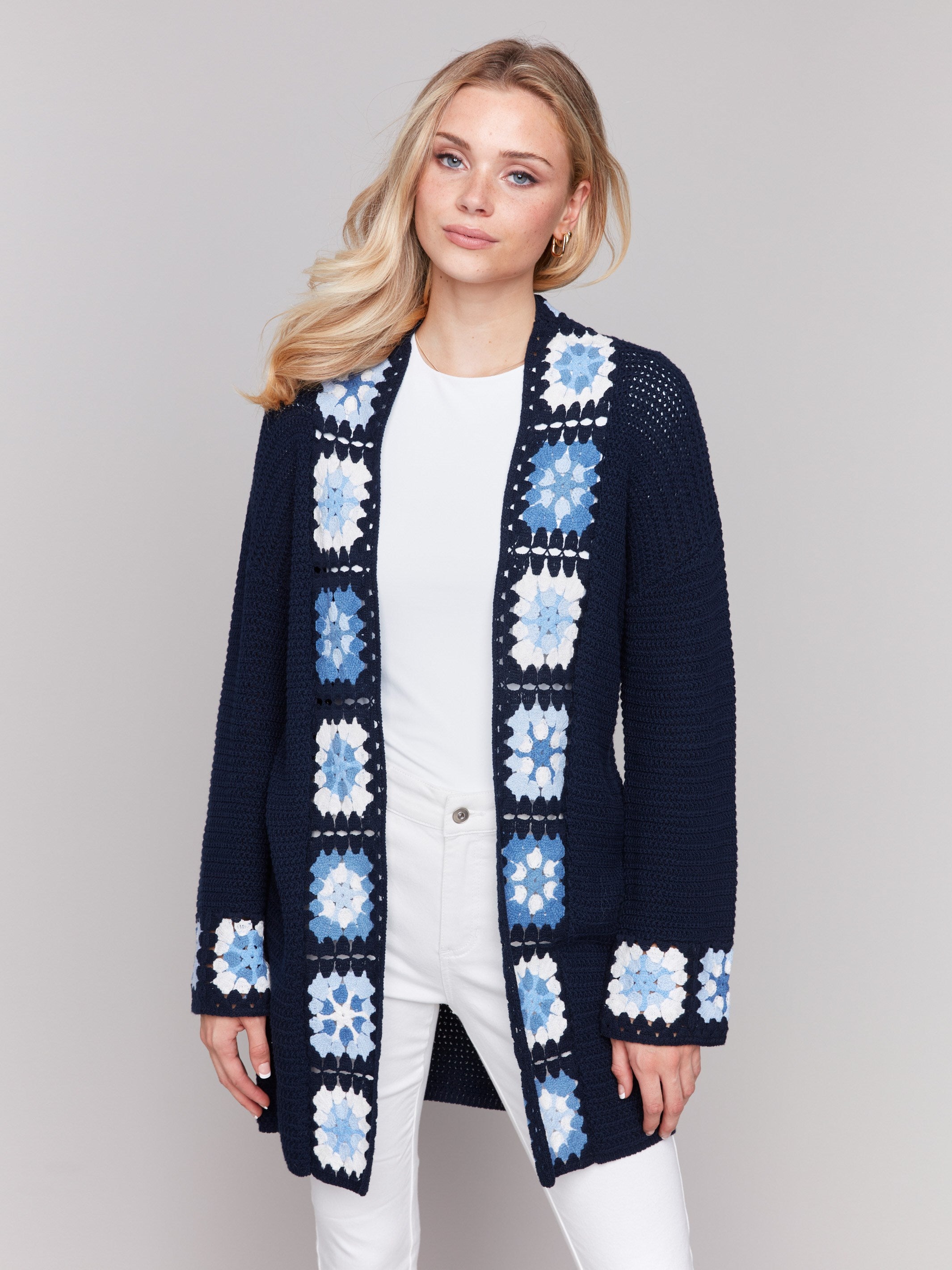 Navy cardigan featuring long sleeves by Charlie B.