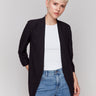 Black open-front blazer with ruched sleeves and no closure, perfect for layering by Charlie B.