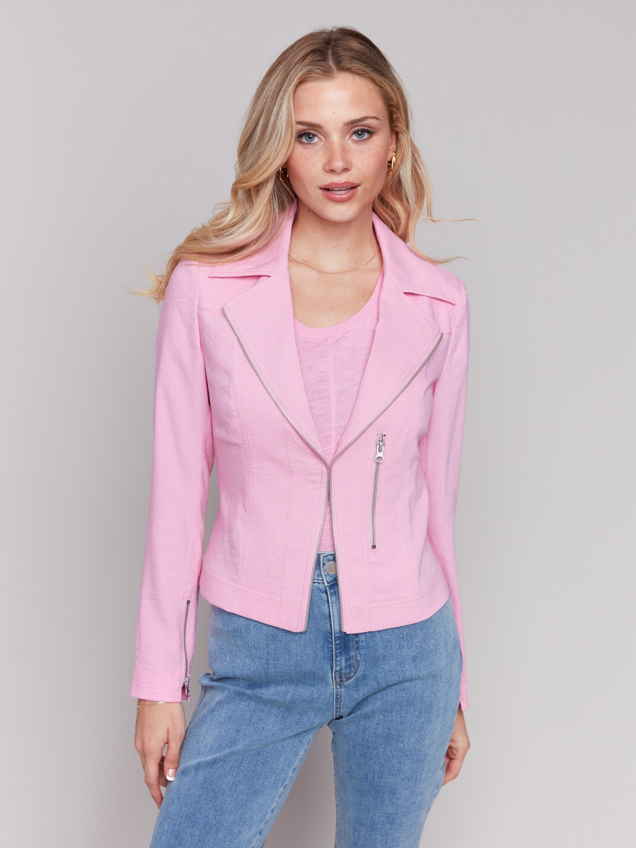 Pink biker jacket with a stylish lapel collar by Charlie B.