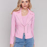 Pink biker jacket with a stylish lapel collar by Charlie B.