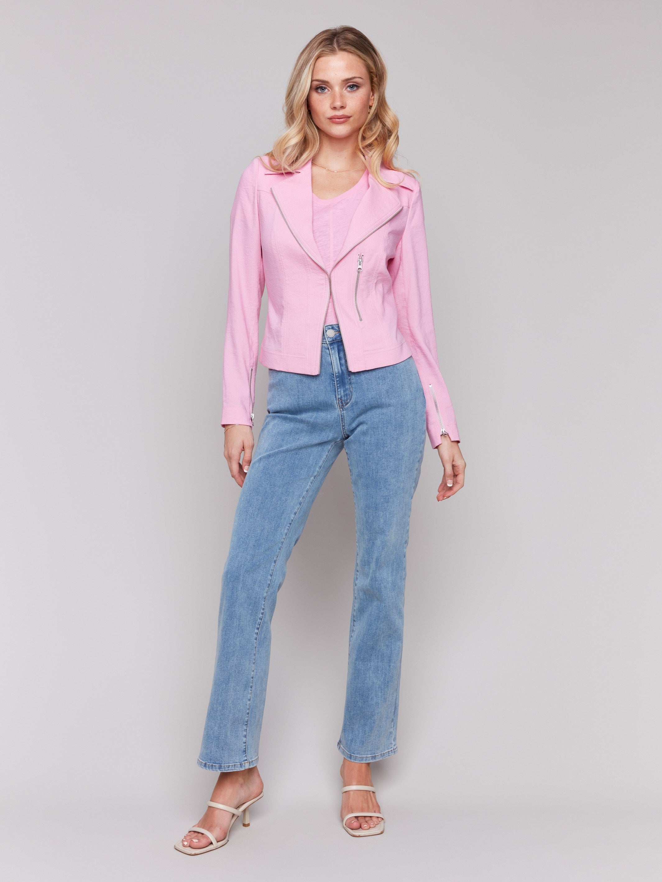 Elegant short length pink biker jacket by Charlie B.