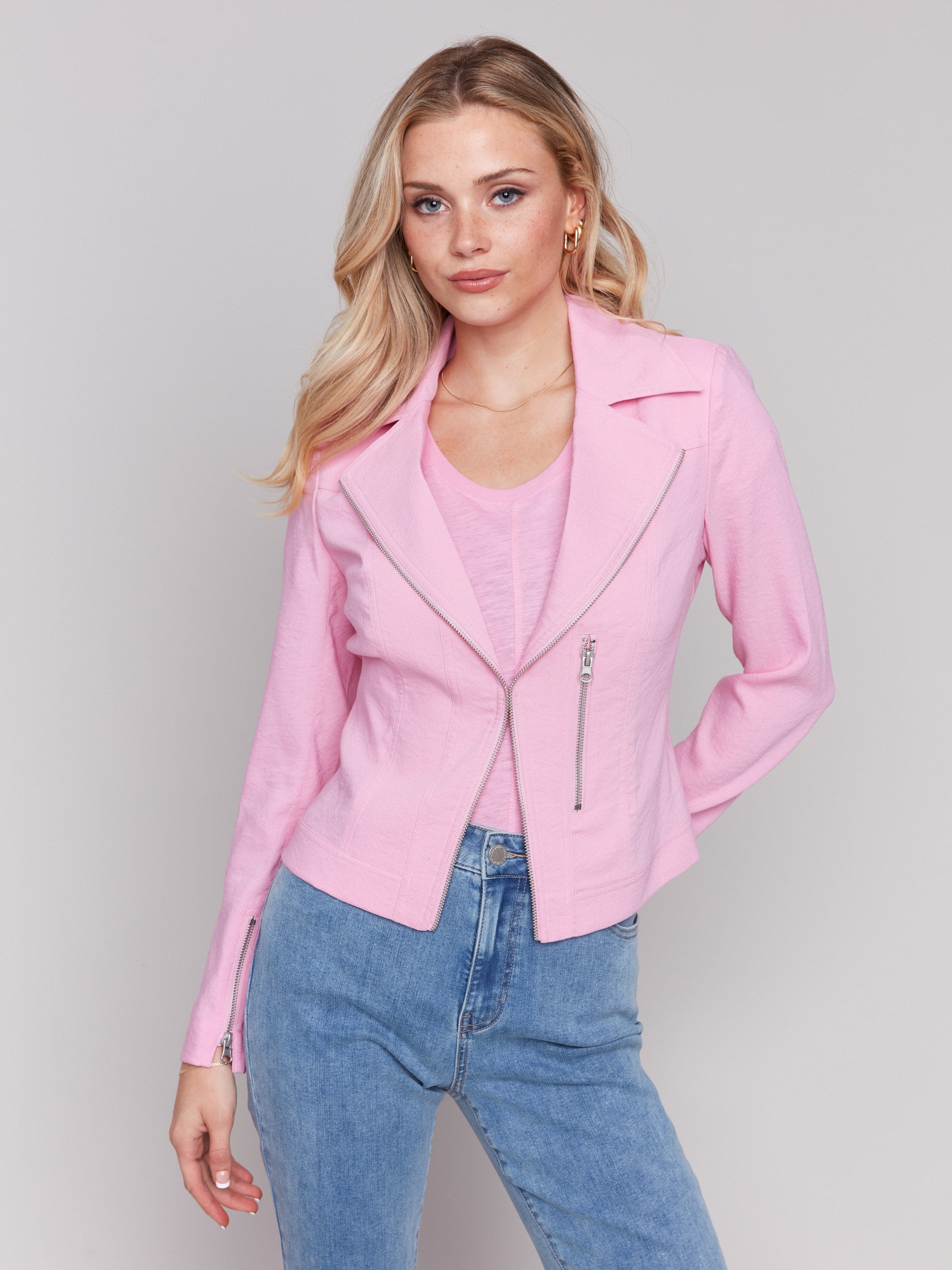 Stylish faux front zipper pocket on pink jacket by Charlie B.