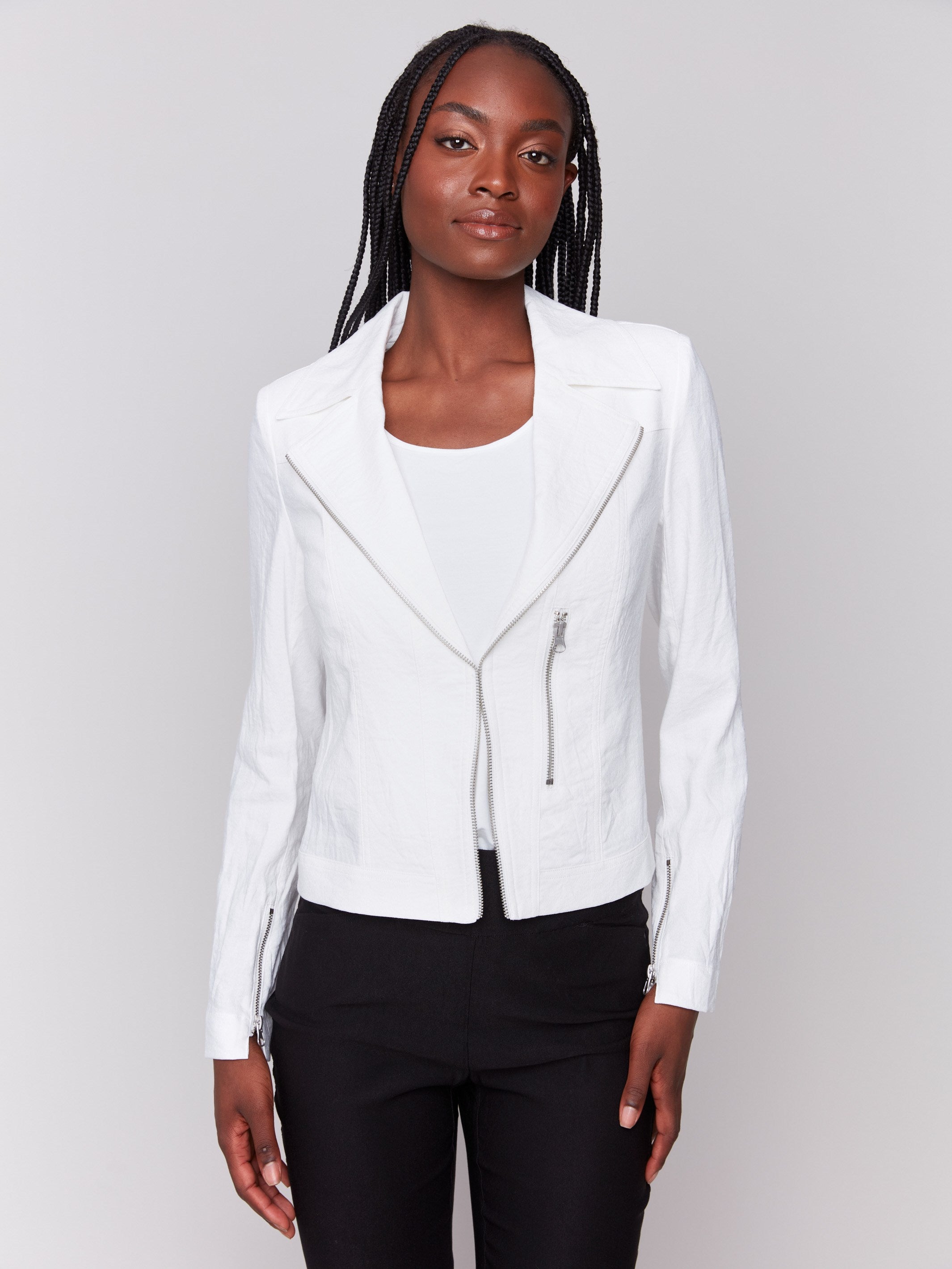 Chic biker jacket with hook-and-eye closure details by Charlie B.