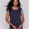 Navy t-shirt featuring crochet cap sleeves, made from 100% cotton by Charlie B.