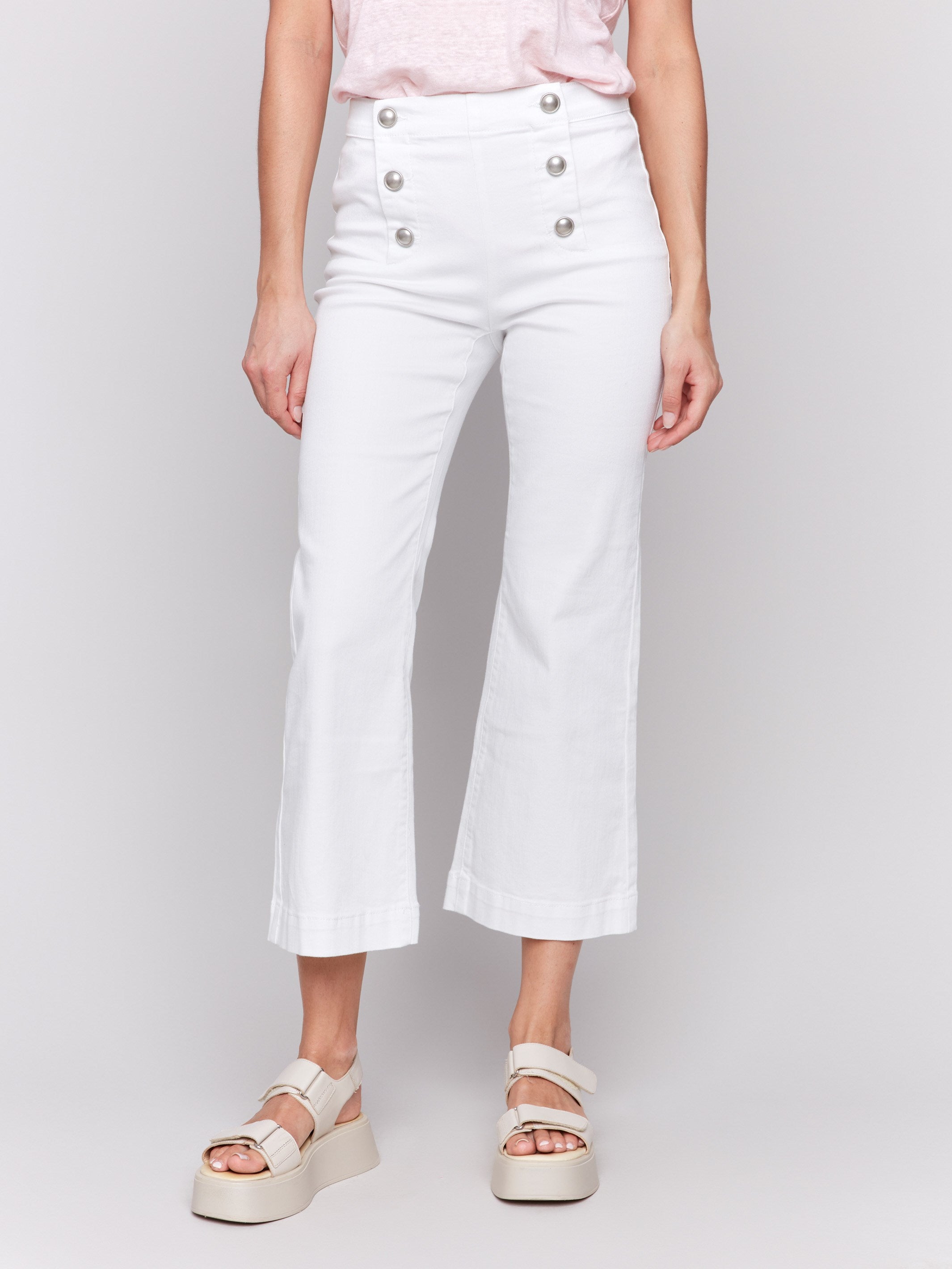 Cropped length white jeans with stretch denim material by Charlie B.