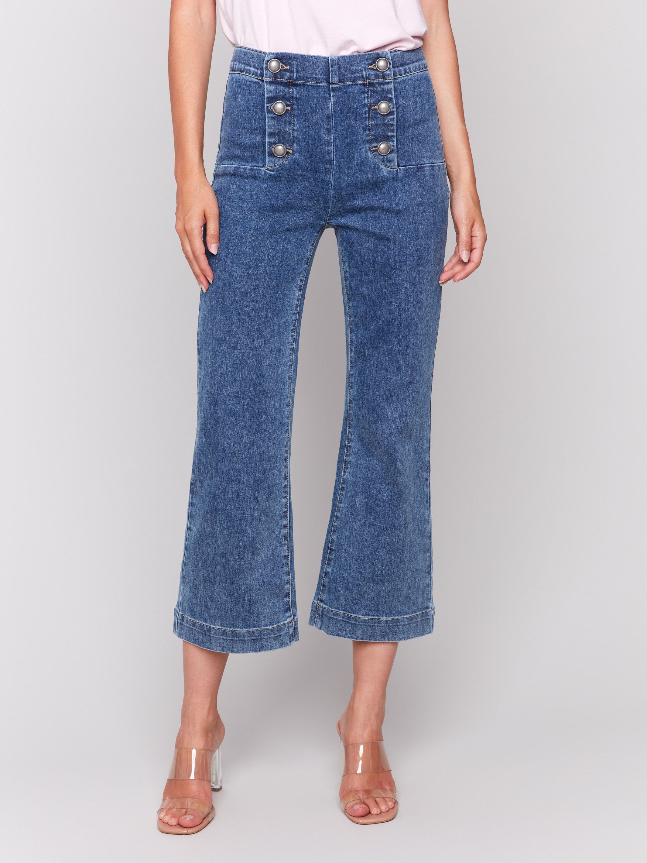 Pull-on style medium blue jeans with flare fit by Charlie B.