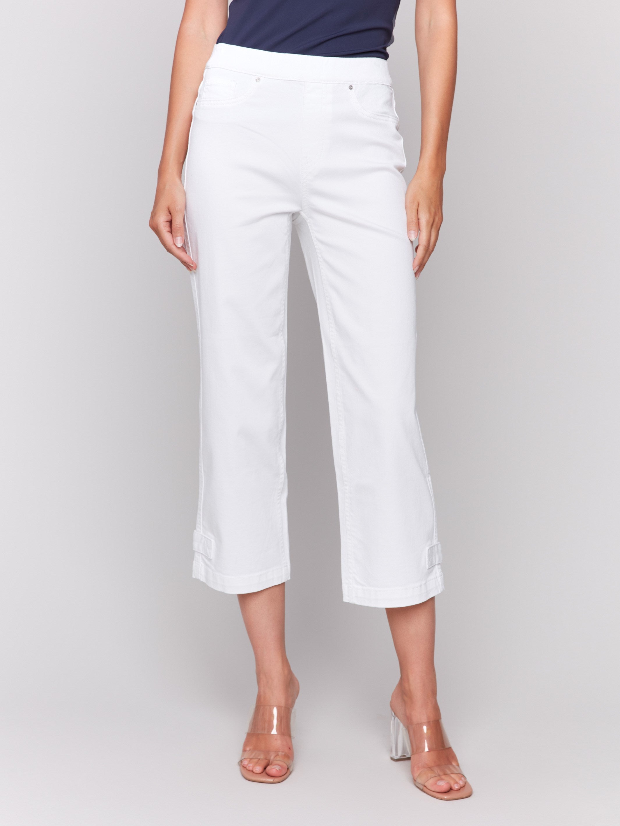 Cropped length white pants with stretch twill fabric by Charlie B.