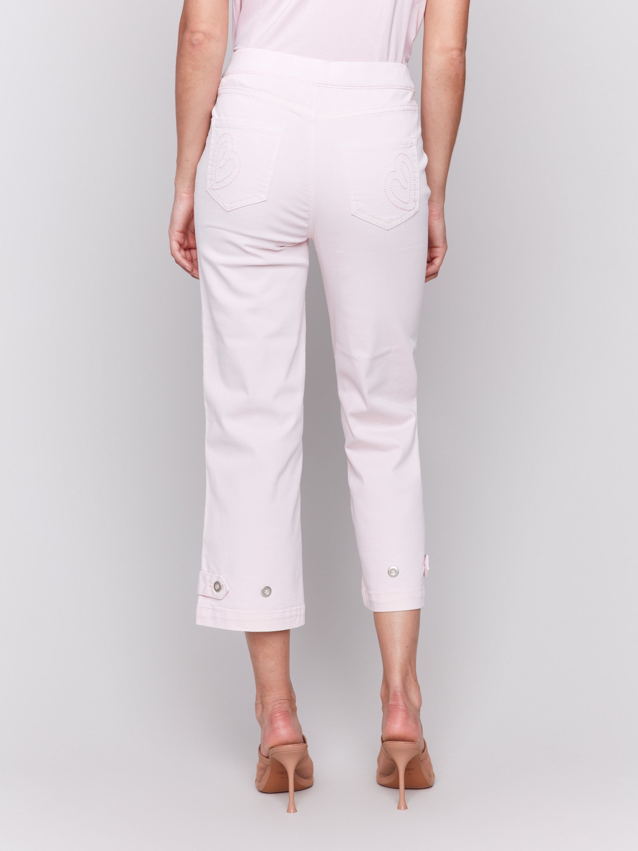 Twill pants with buttoned hem tab detail for added style, made by Charlie B.