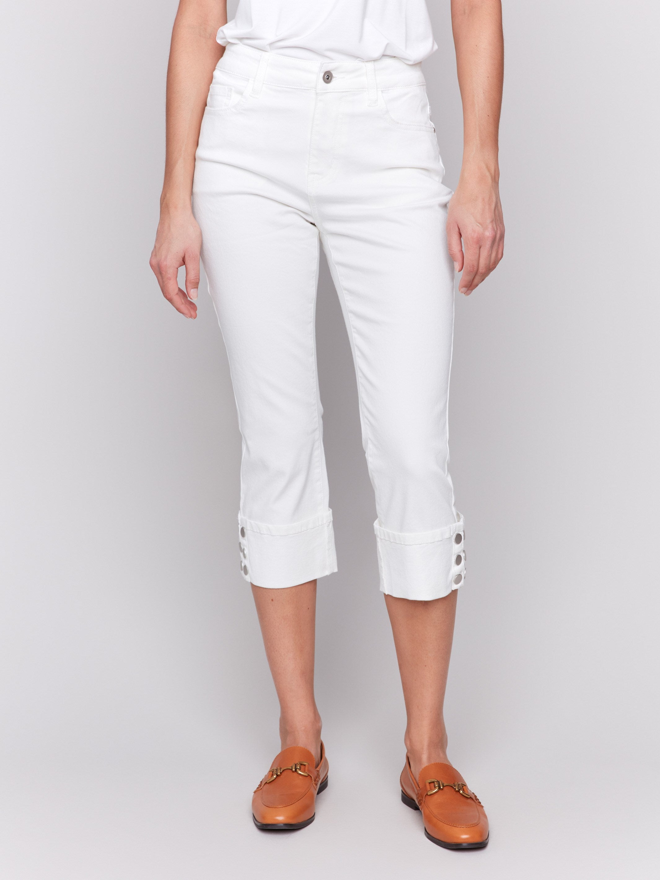 Stylish white cropped jeans crafted from stretch twill fabric for added comfort by Charlie B.