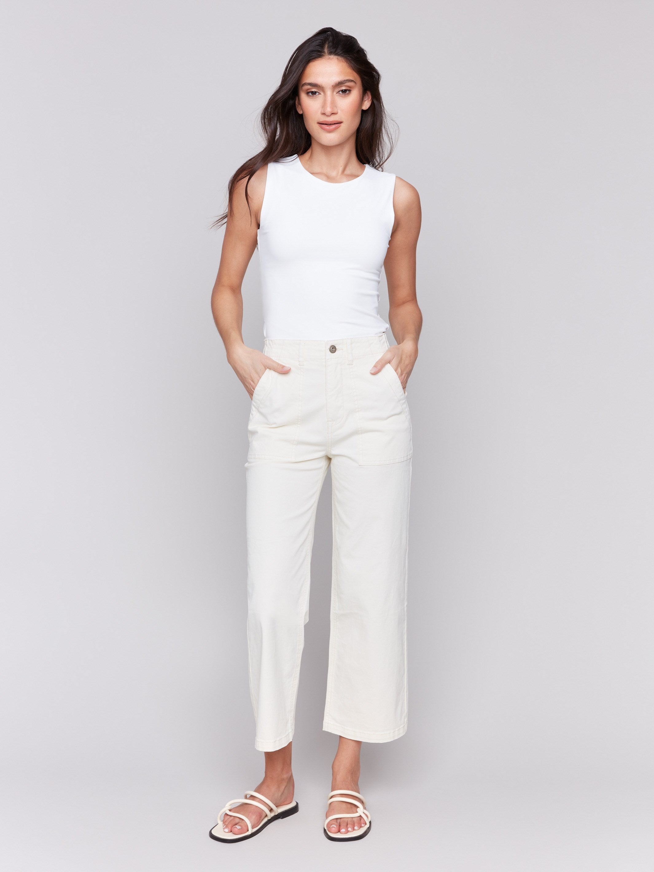 Natural-colored cropped pants with straight fit and stretch twill fabric by Charlie B.