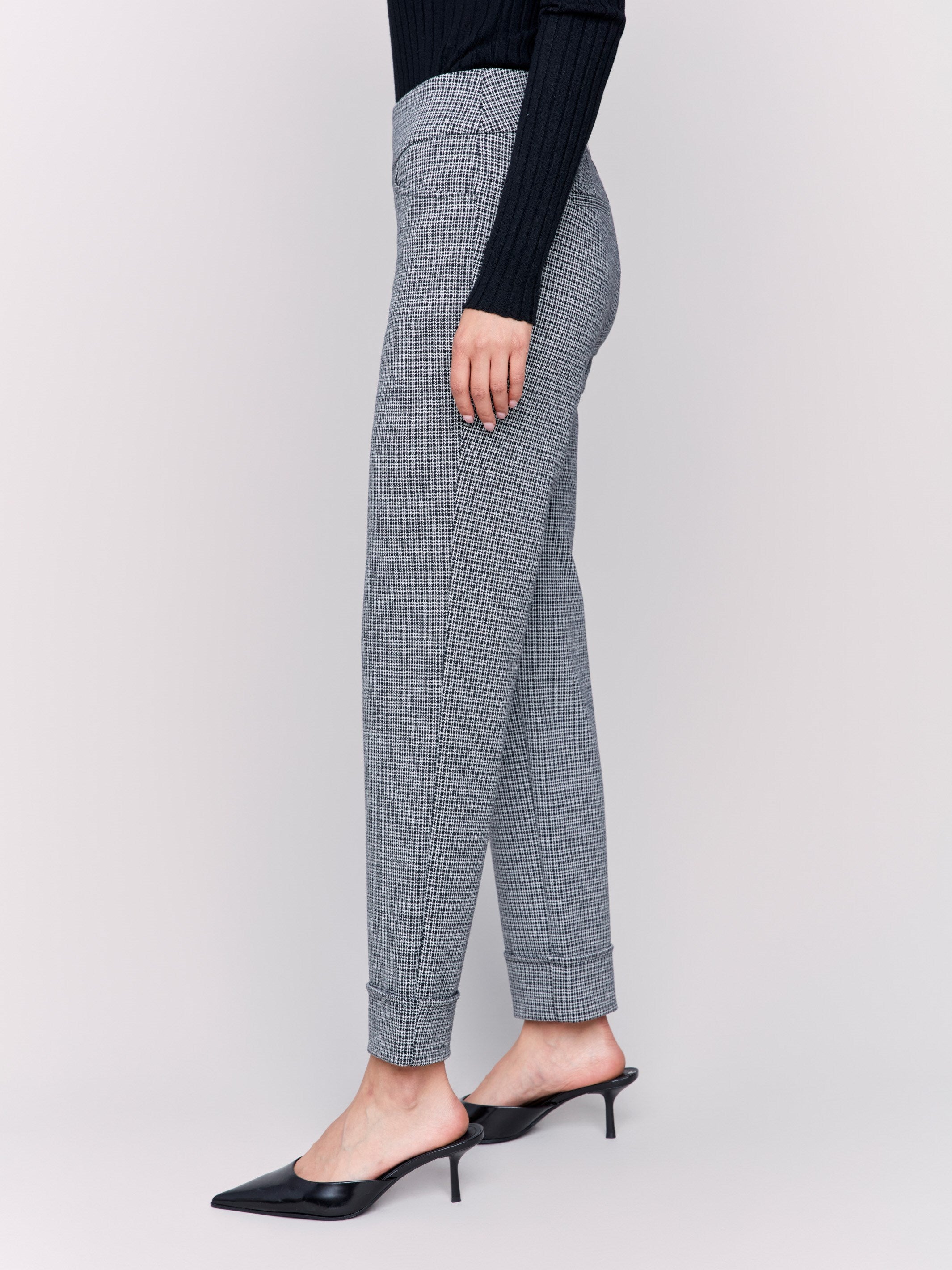 Tattersall print, straight leg ponte pants in grey with cuffed hems by Charlie B.