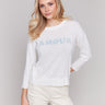 White cotton sweater with denim 'Amour' patch and crew neck by Charlie B.