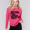 Magenta pink crew neck sweater featuring embroidered city names in black by Charlie B.