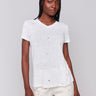 White V-neck T-shirt with floral embroidery, short sleeves, and a casual fit by Charlie B.