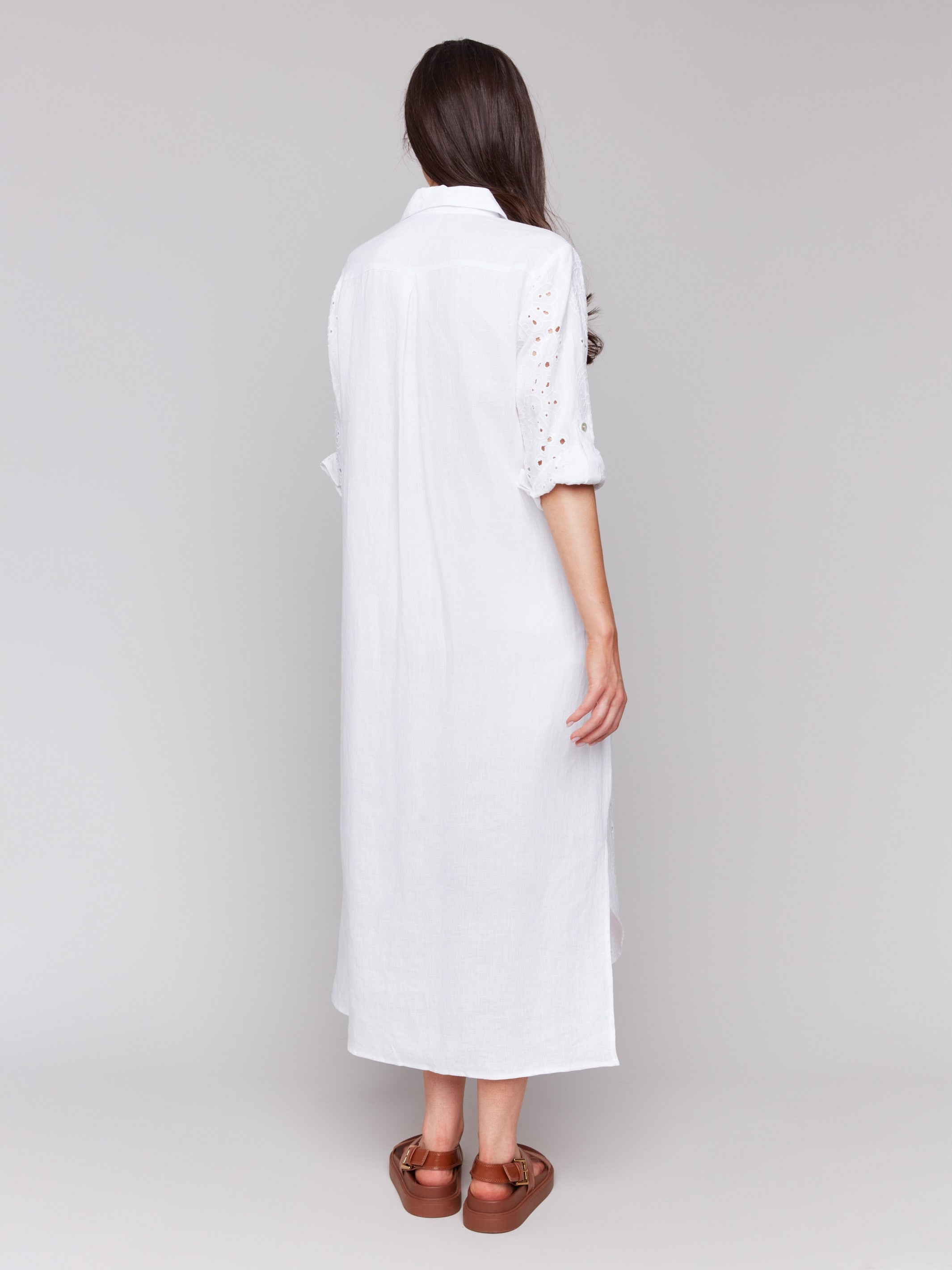 Stylish white dress showcasing 3/4 roll-up sleeves by Charlie B.