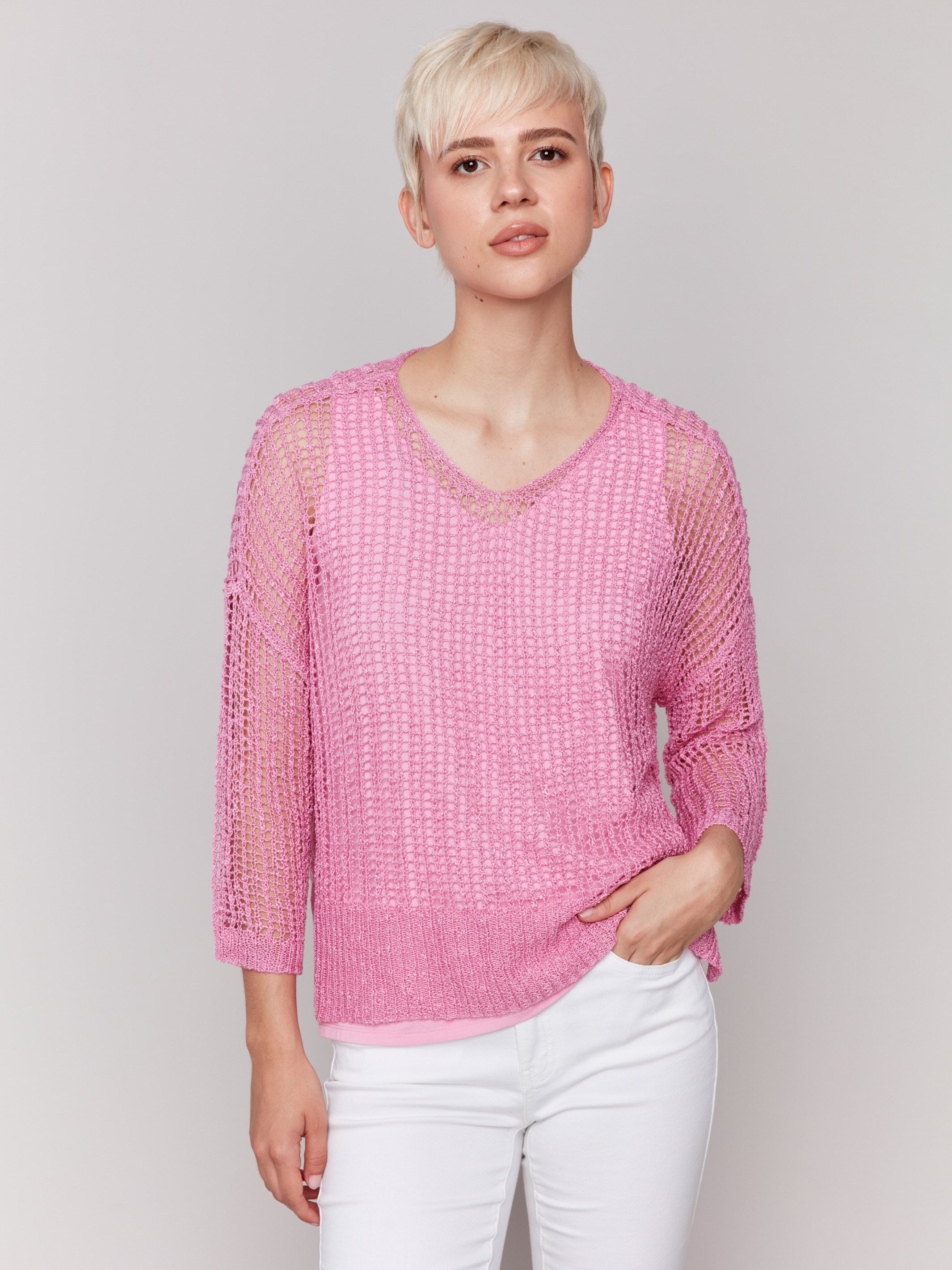 Begonia pink sweater with a drop shoulder design by Charlie B.