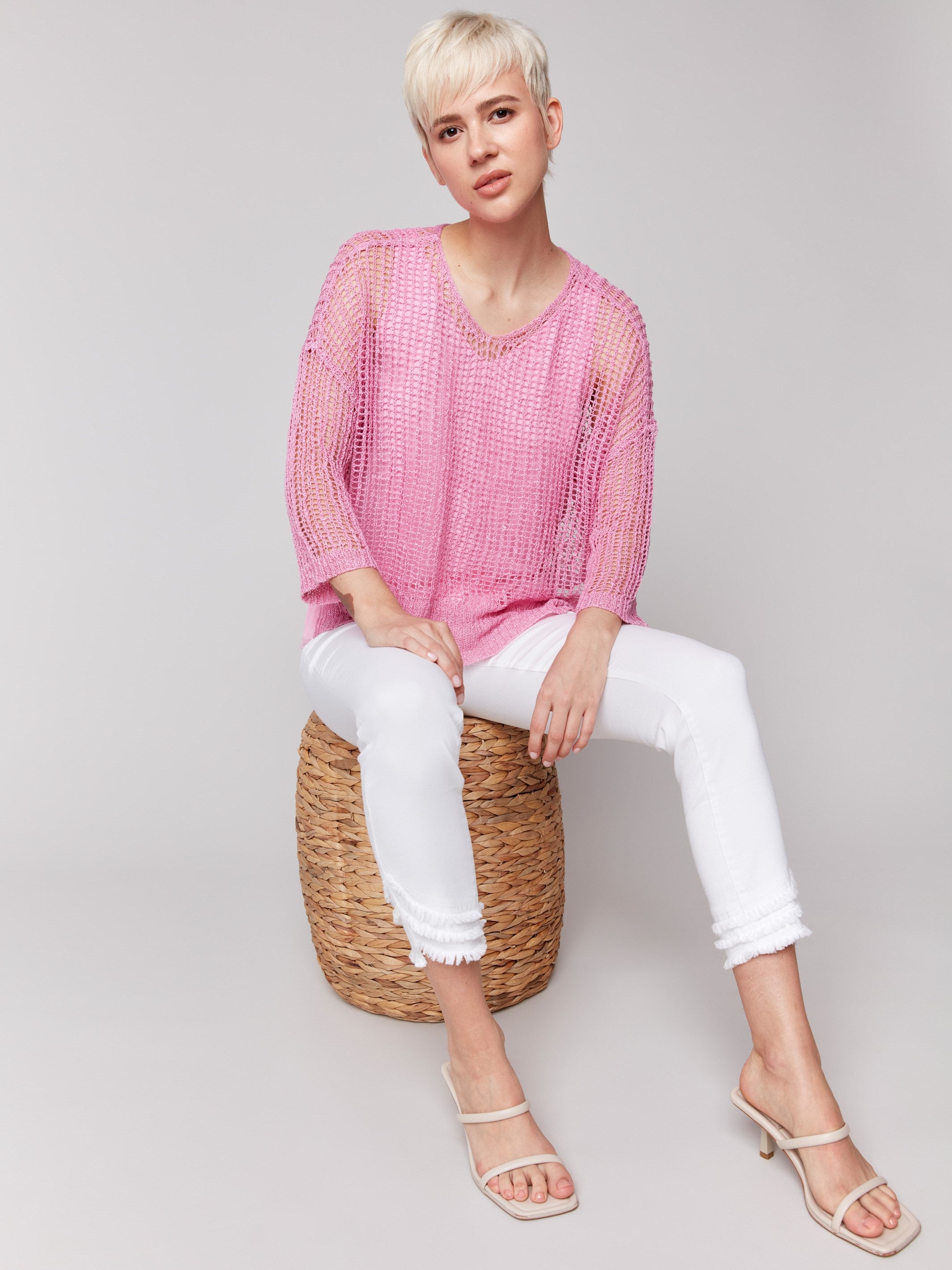 Sweater with 3/4 sleeves and loose fit in begonia pink by Charlie B.