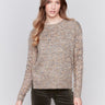 Spruce green plush knit sweater with fishnet sleeves and round crew neckline by Charlie B.