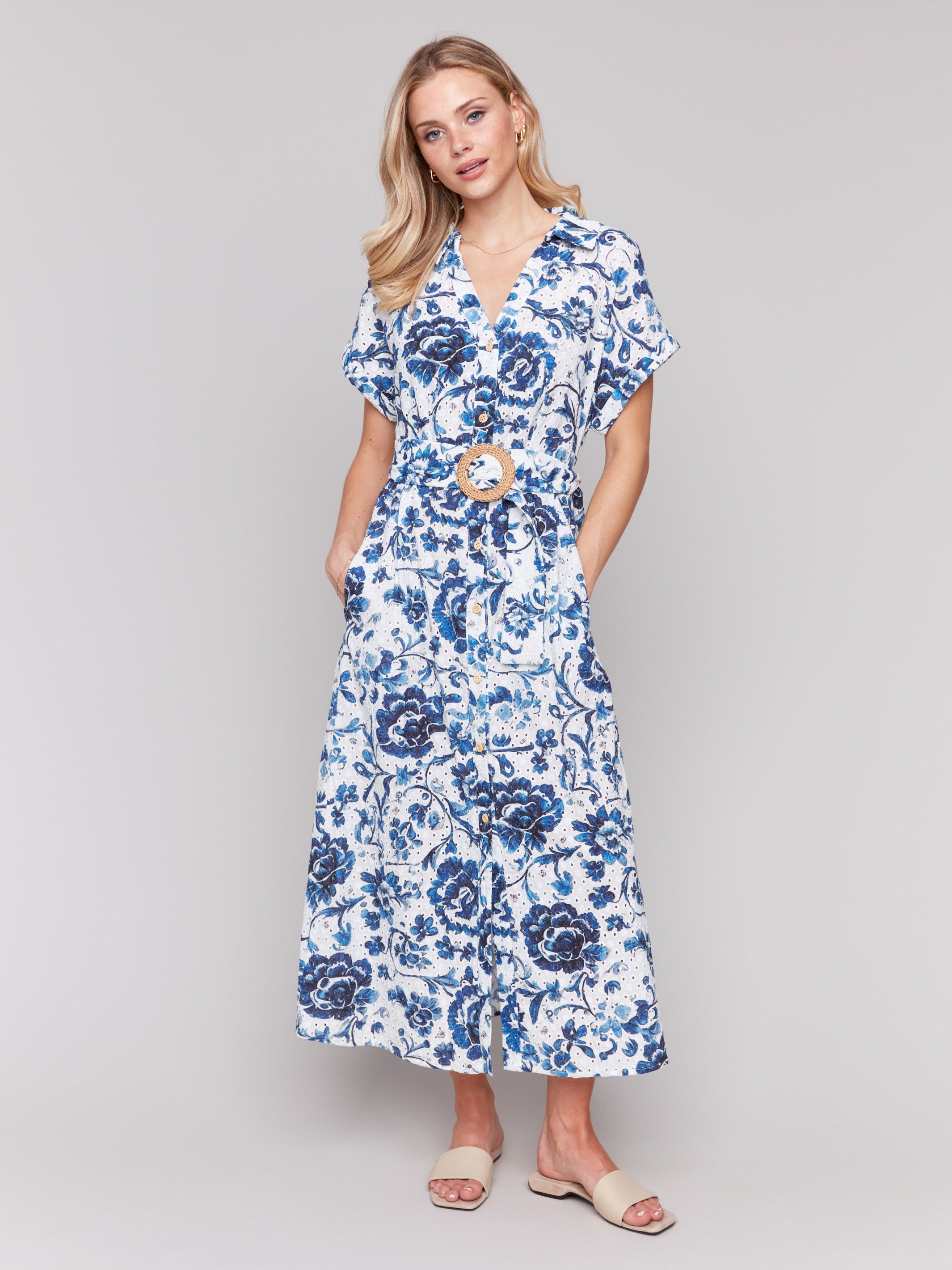 Floral printed dress with a collar neckline and short sleeves by Charlie B.