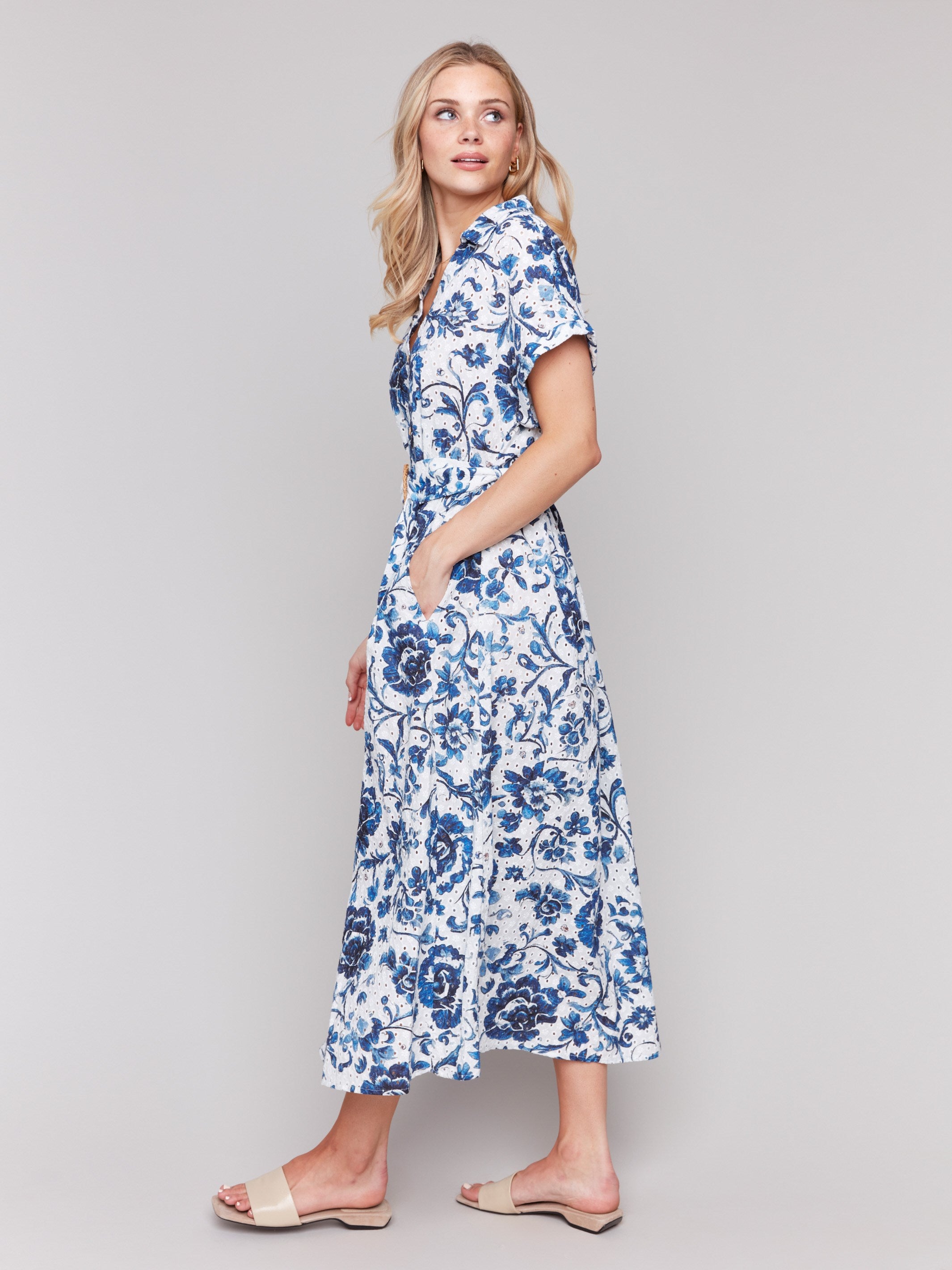 Chic blue and white dress with a stylish waist belt by Charlie B.