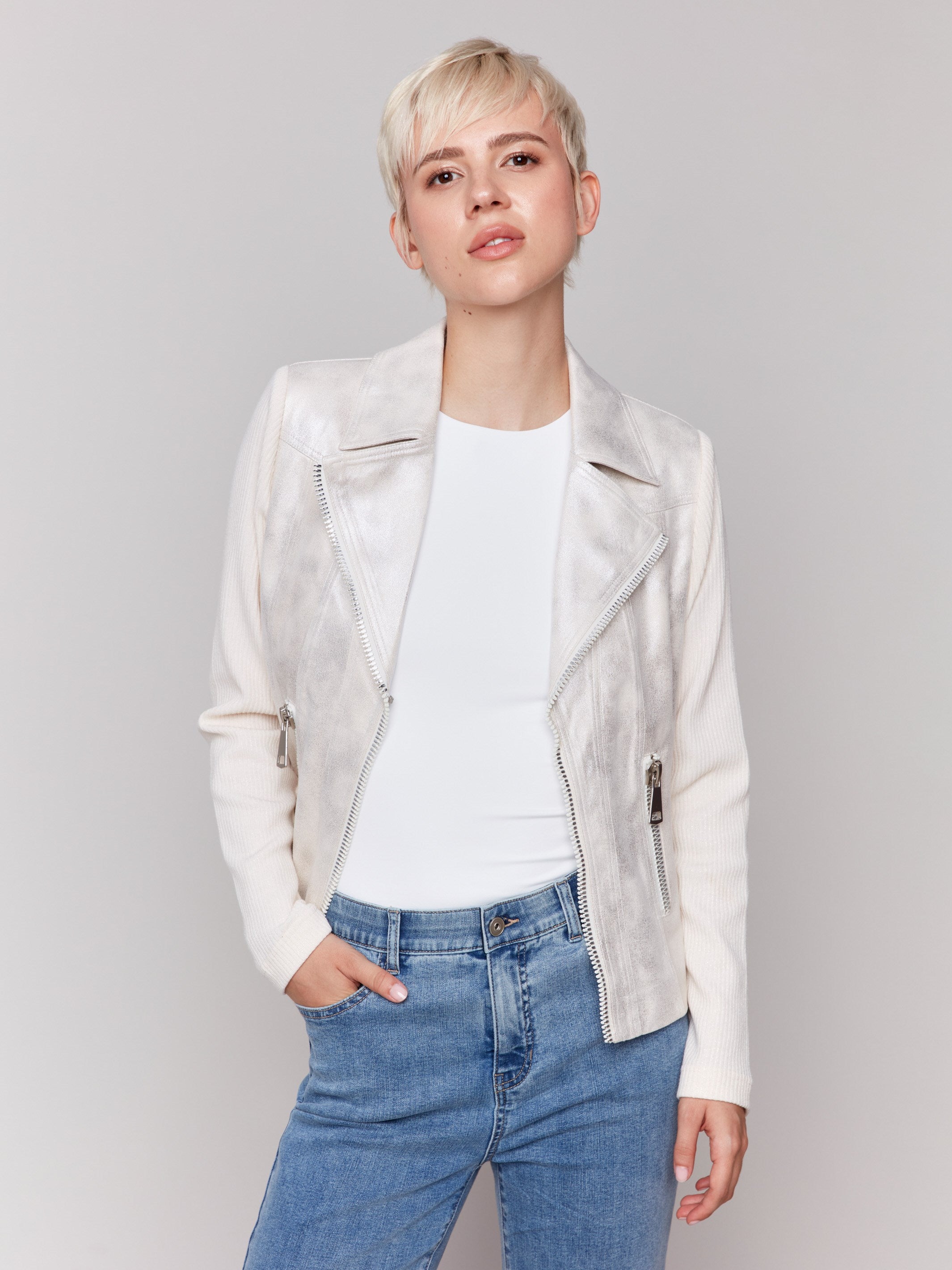 Champagne faux leather jacket featuring a hook-and-eye closure by Charlie B.