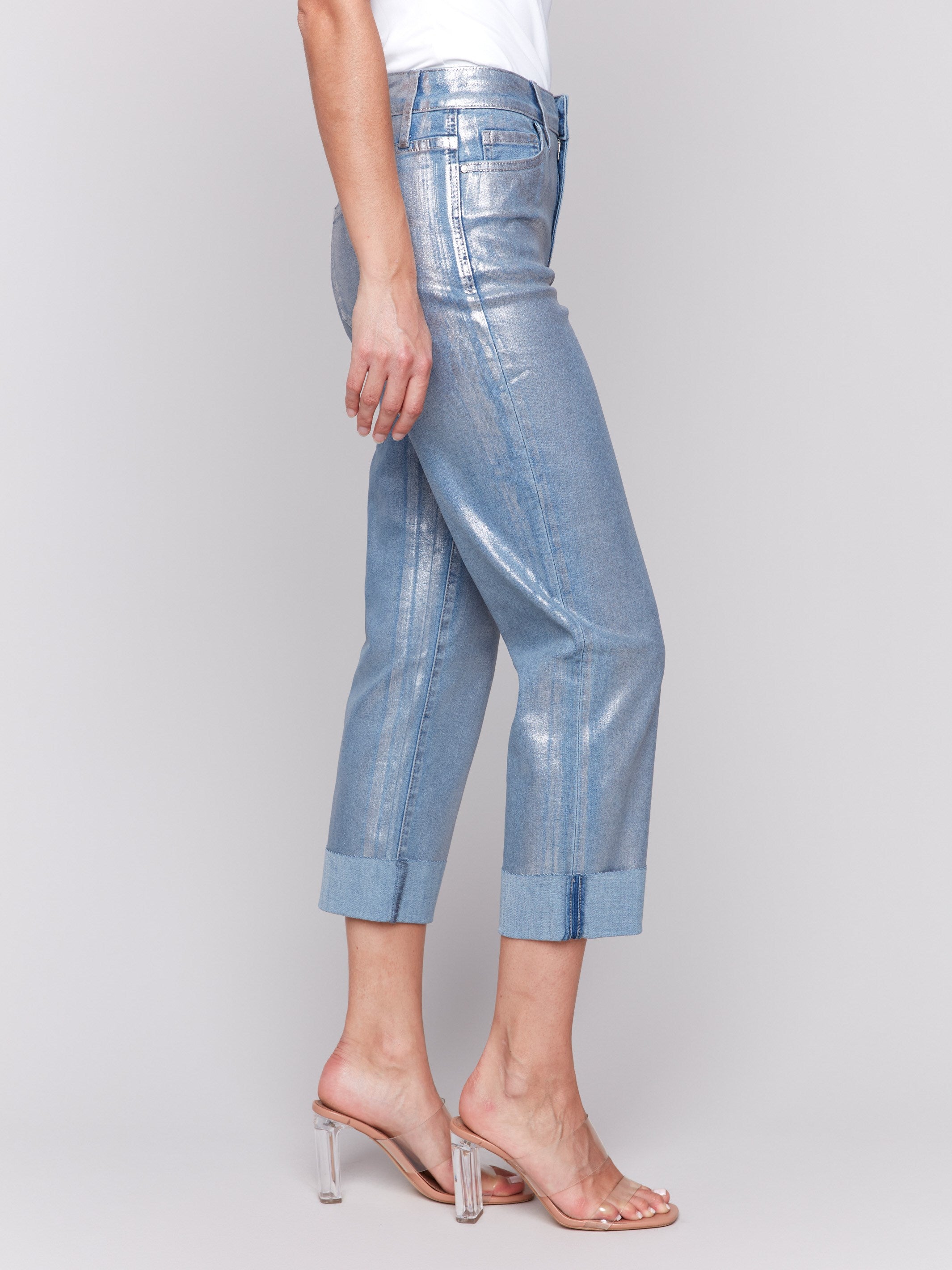 Pants in bleach blue featuring cuffed hems and stretch fabric by Charlie B.