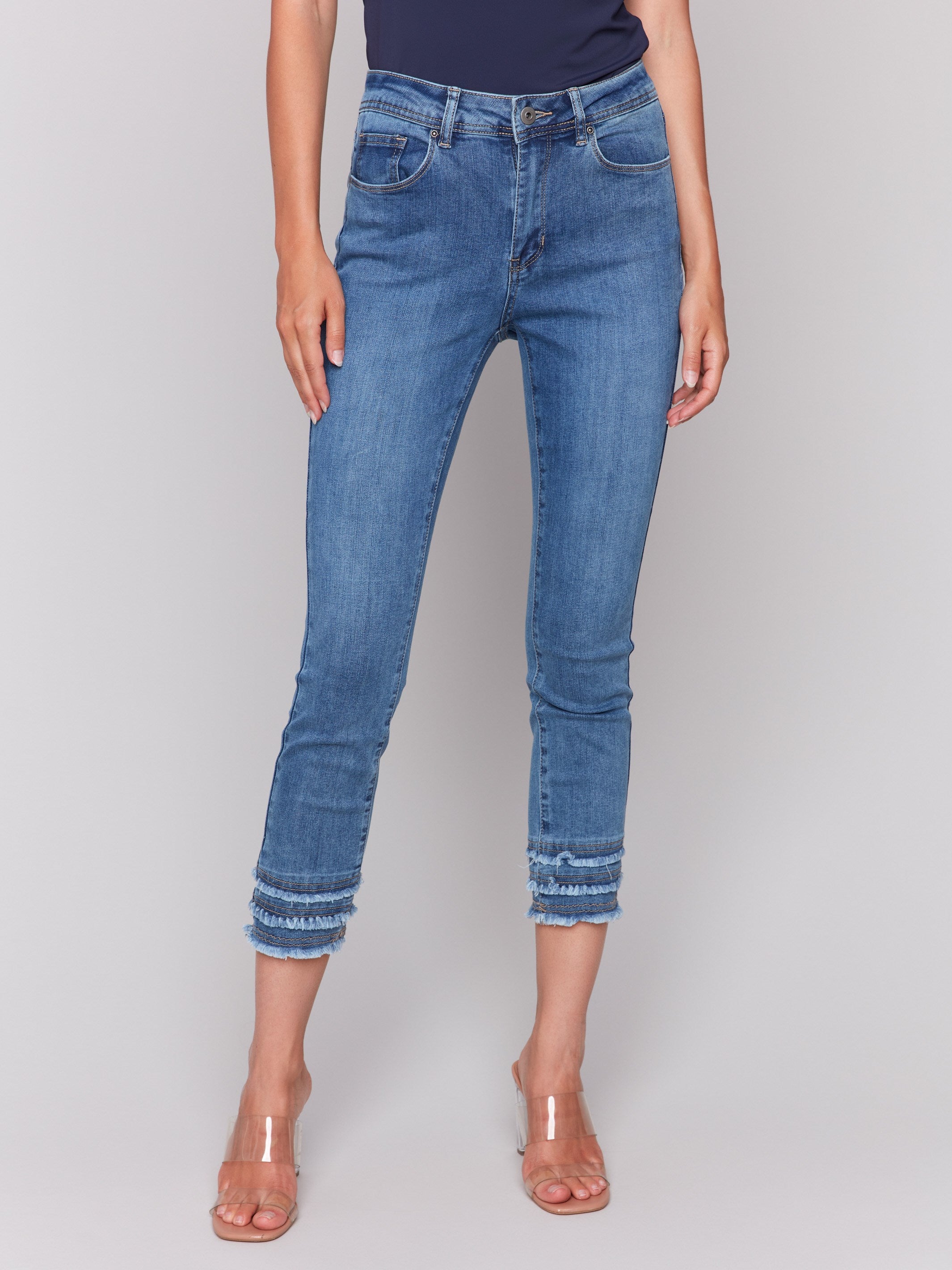 Blue cropped jeans featuring stretch denim fabric by Charlie B.